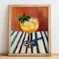 Agua De Valencia – on Striped Tablecloth, Spanish Cocktail Wall Art, no-text version framed in wood