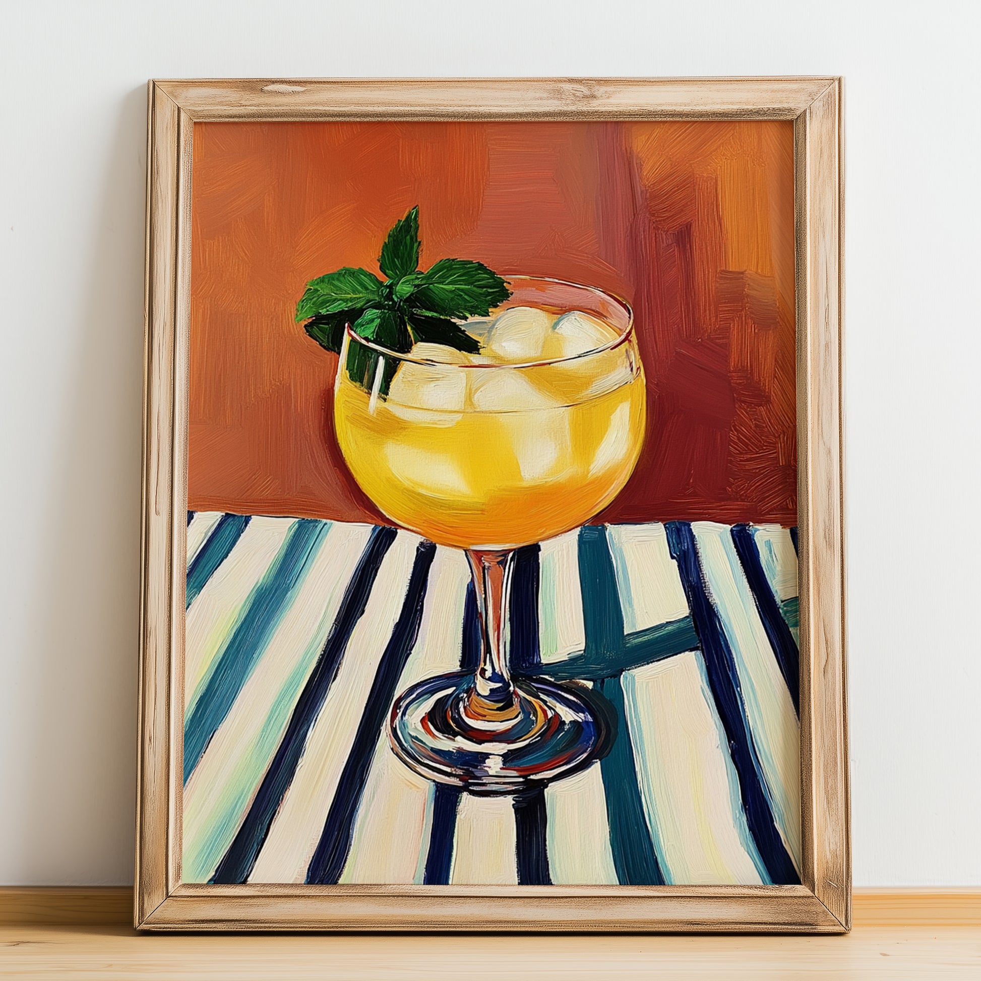 Agua De Valencia – on Striped Tablecloth, Spanish Cocktail Wall Art, no-text version framed in wood