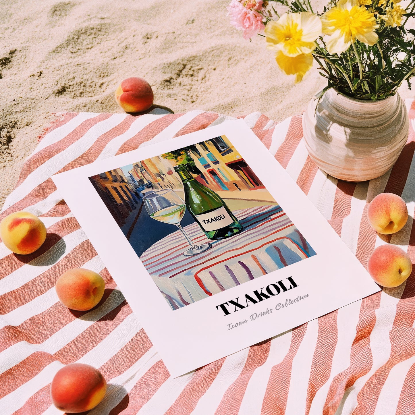 Txakoli – Spanish Outdoor Café Scene, Spanish Wine Painting, unframed on coastal sand