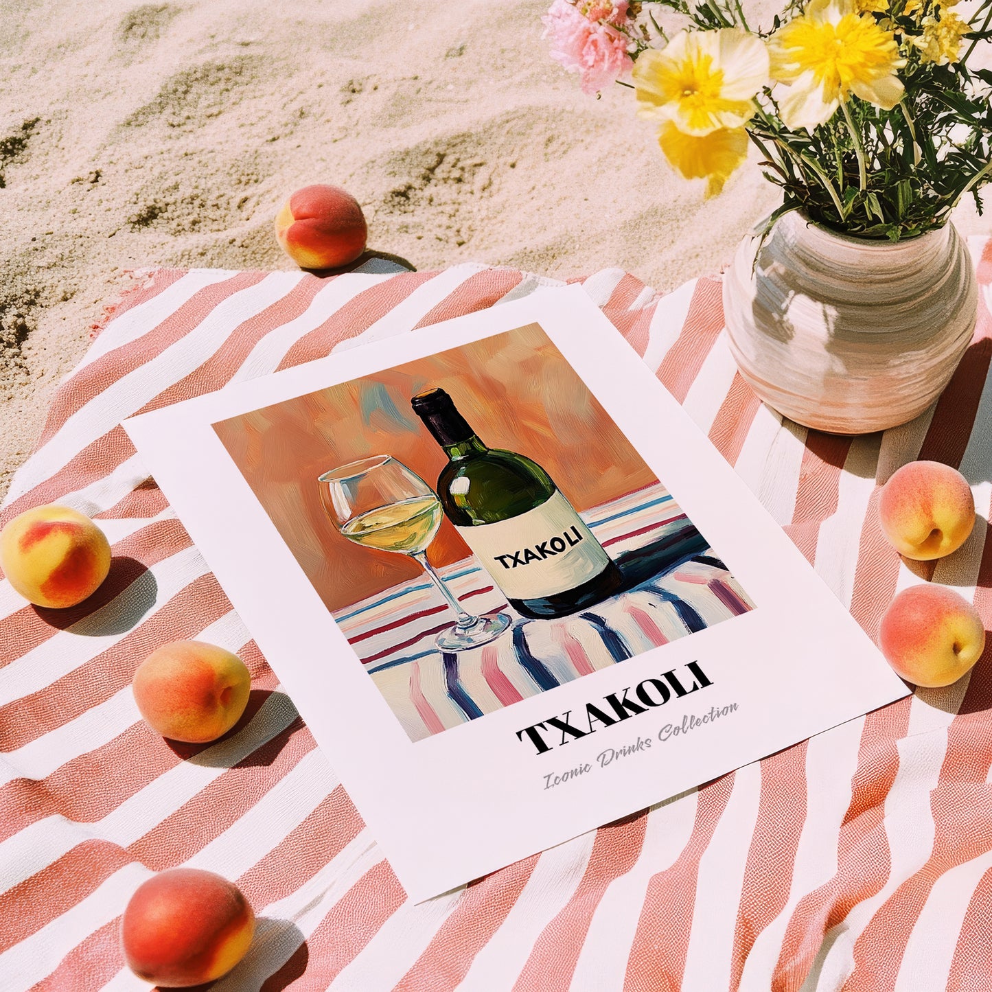 Txakoli – on Striped Tablecloth, Spanish Wine Still Life, unframed on coastal sand