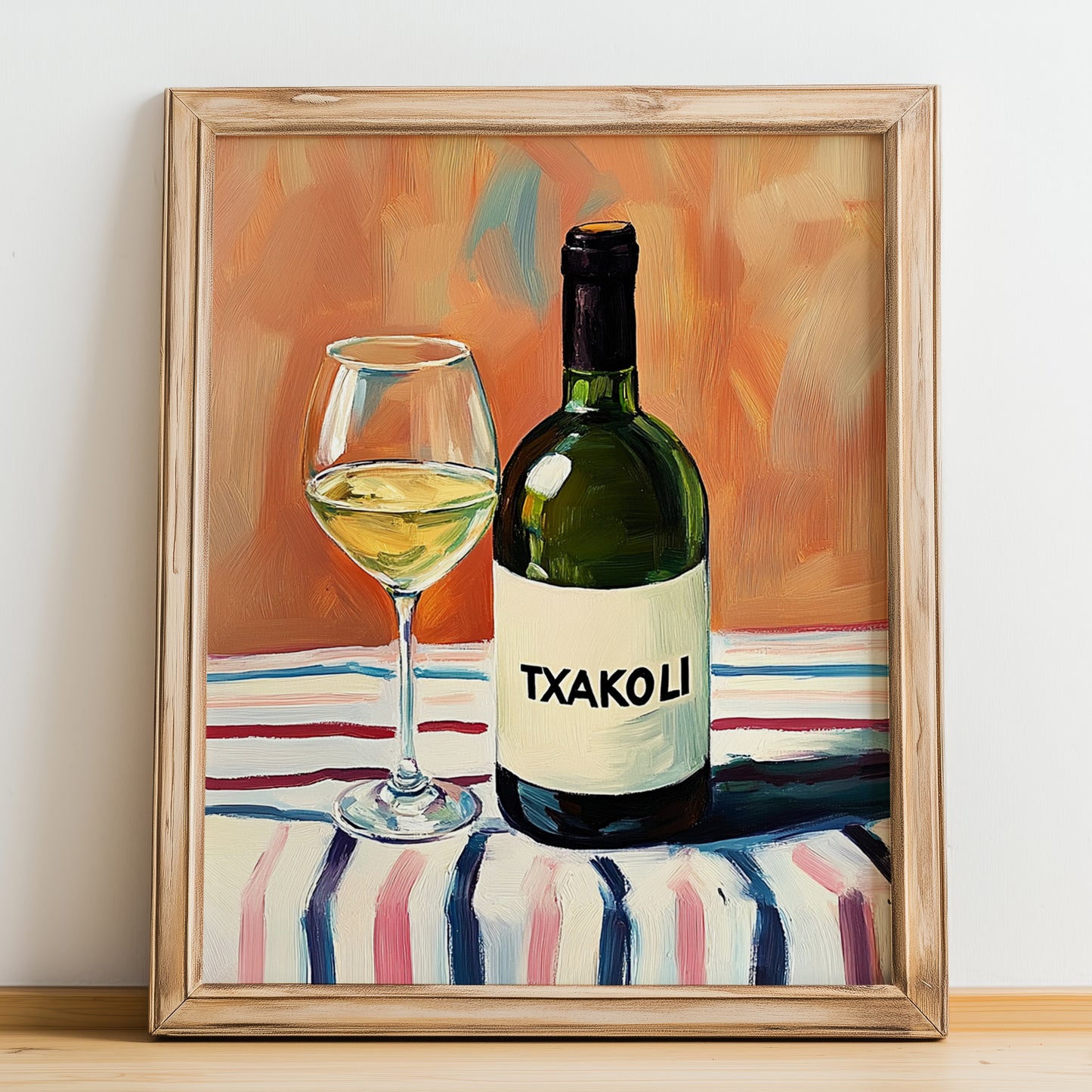 Txakoli – on Striped Tablecloth, Spanish Wine Still Life, no-text version framed in wood