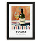 Txakoli – on Striped Tablecloth, Spanish Wine Still Life, in sleek black frame