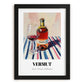 Vermut – on Striped Tablecloth, Spanish Wine Still Life, in sleek black frame