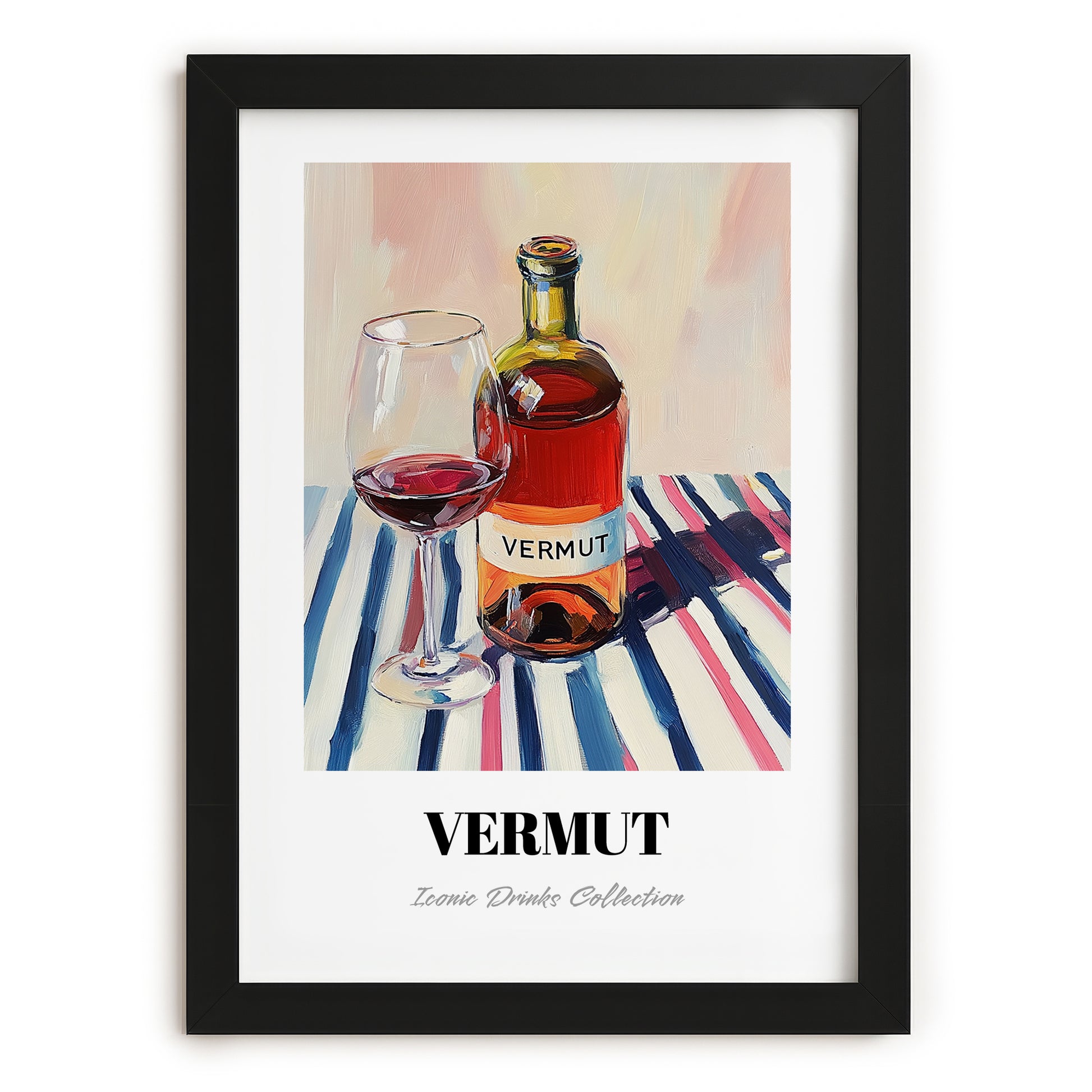 Vermut – on Striped Tablecloth, Spanish Wine Still Life, in sleek black frame