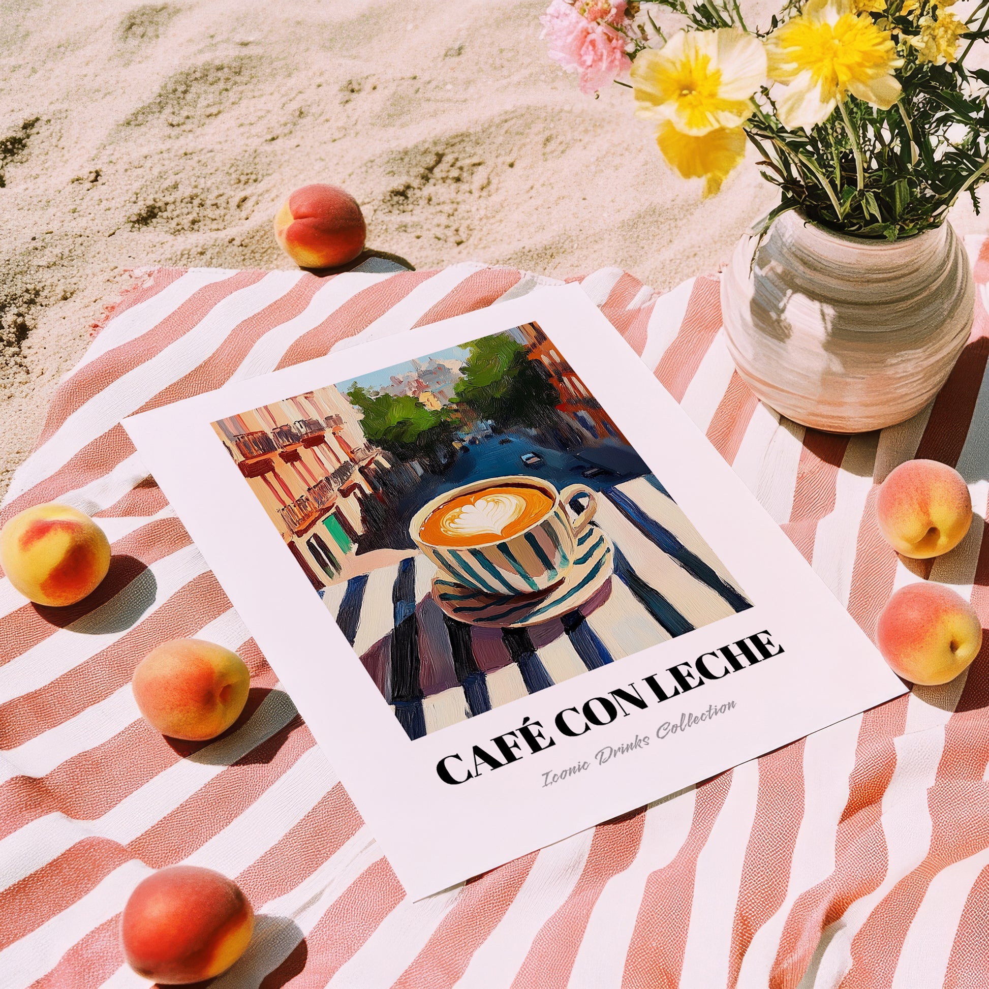 Café Con Leche – Spanish Outdoor Café Scene, Spanish Coffee Wall Decor, unframed on coastal sand