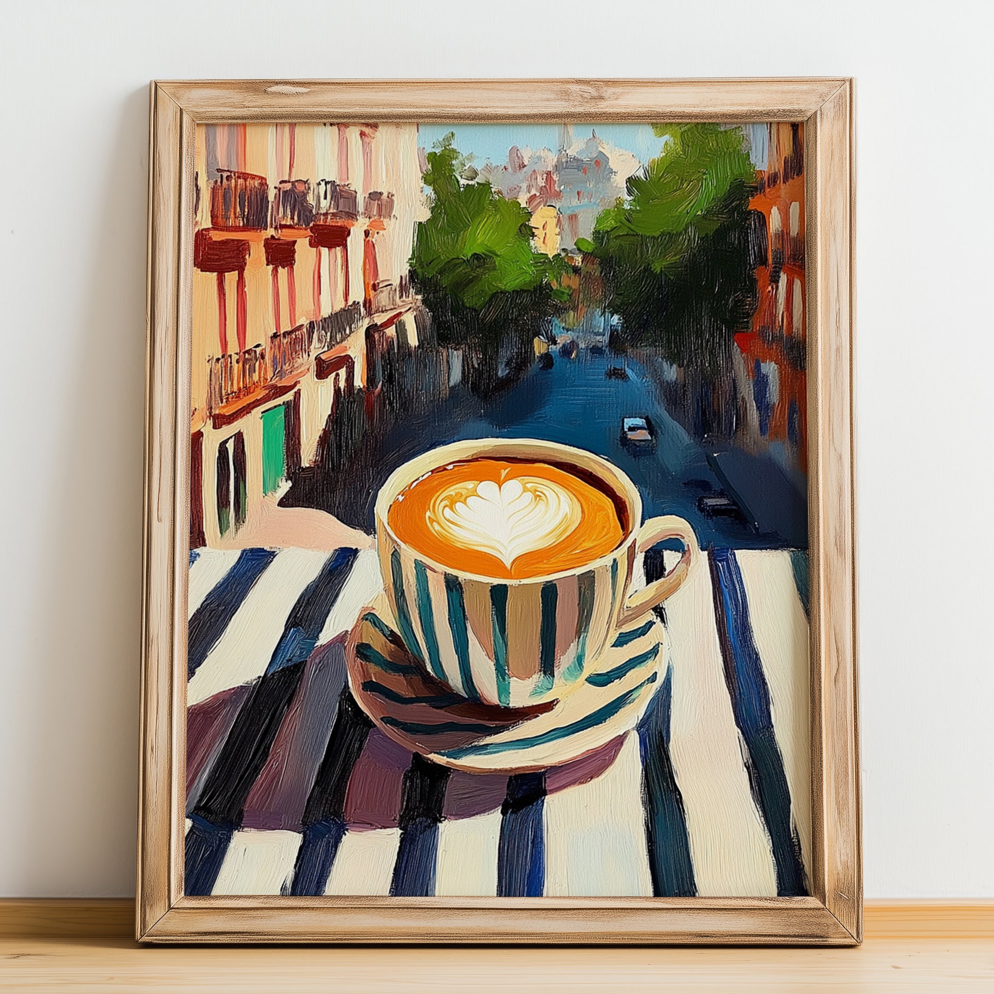 Café Con Leche – Spanish Outdoor Café Scene, Spanish Coffee Wall Decor, no-text version framed in wood