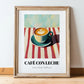 Café Con Leche – on Striped Tablecloth, Spanish Coffee Painting, in wooden frame leaning on the floor