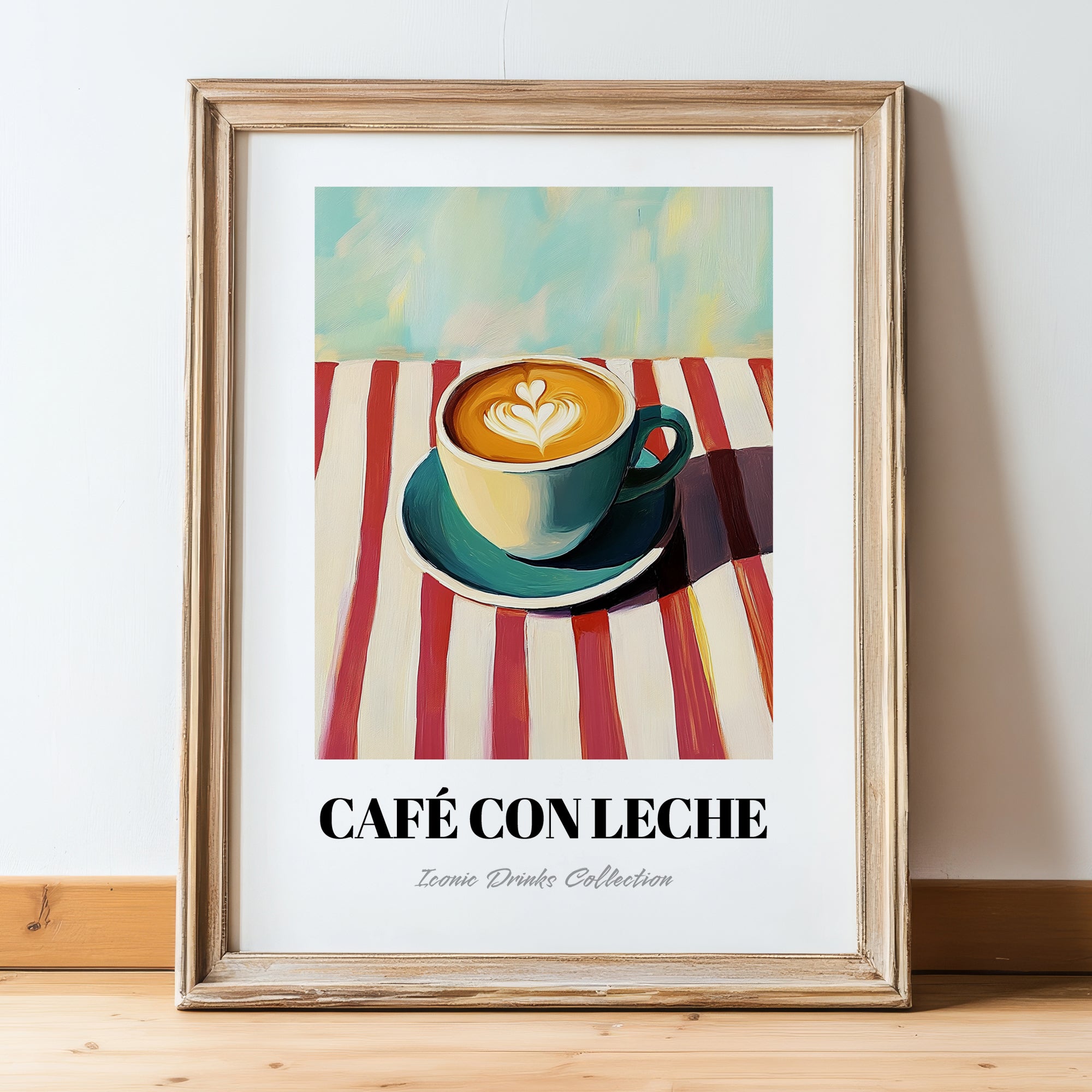 Café Con Leche – on Striped Tablecloth, Spanish Coffee Painting, in wooden frame leaning on the floor