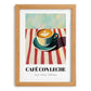 Café Con Leche – on Striped Tablecloth, Spanish Coffee Painting, set in oak frame