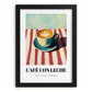 Café Con Leche – on Striped Tablecloth, Spanish Coffee Painting, in sleek black frame