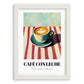 Café Con Leche – on Striped Tablecloth, Spanish Coffee Painting, placed in minimal white frame