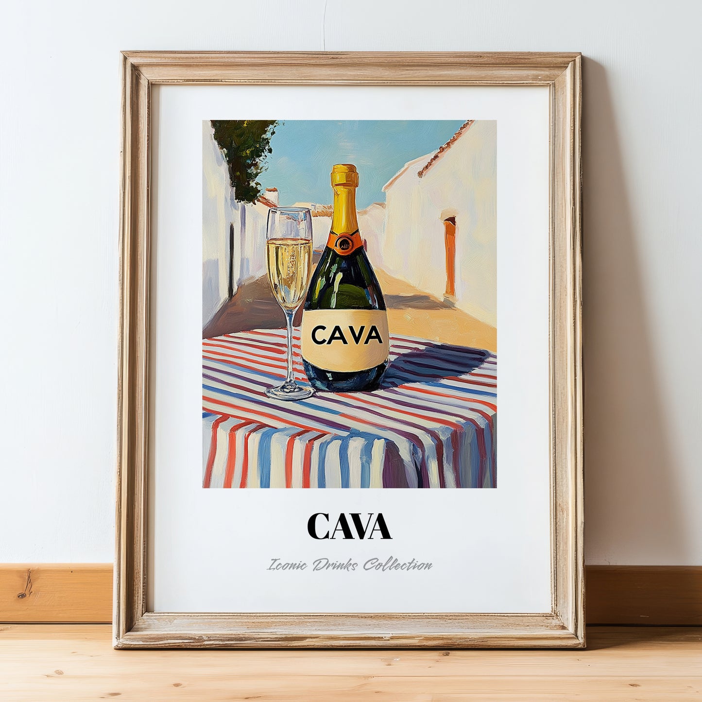 Cava – Spanish Urban Café Scene, Spanish Wine Print, in wooden frame leaning on the floor