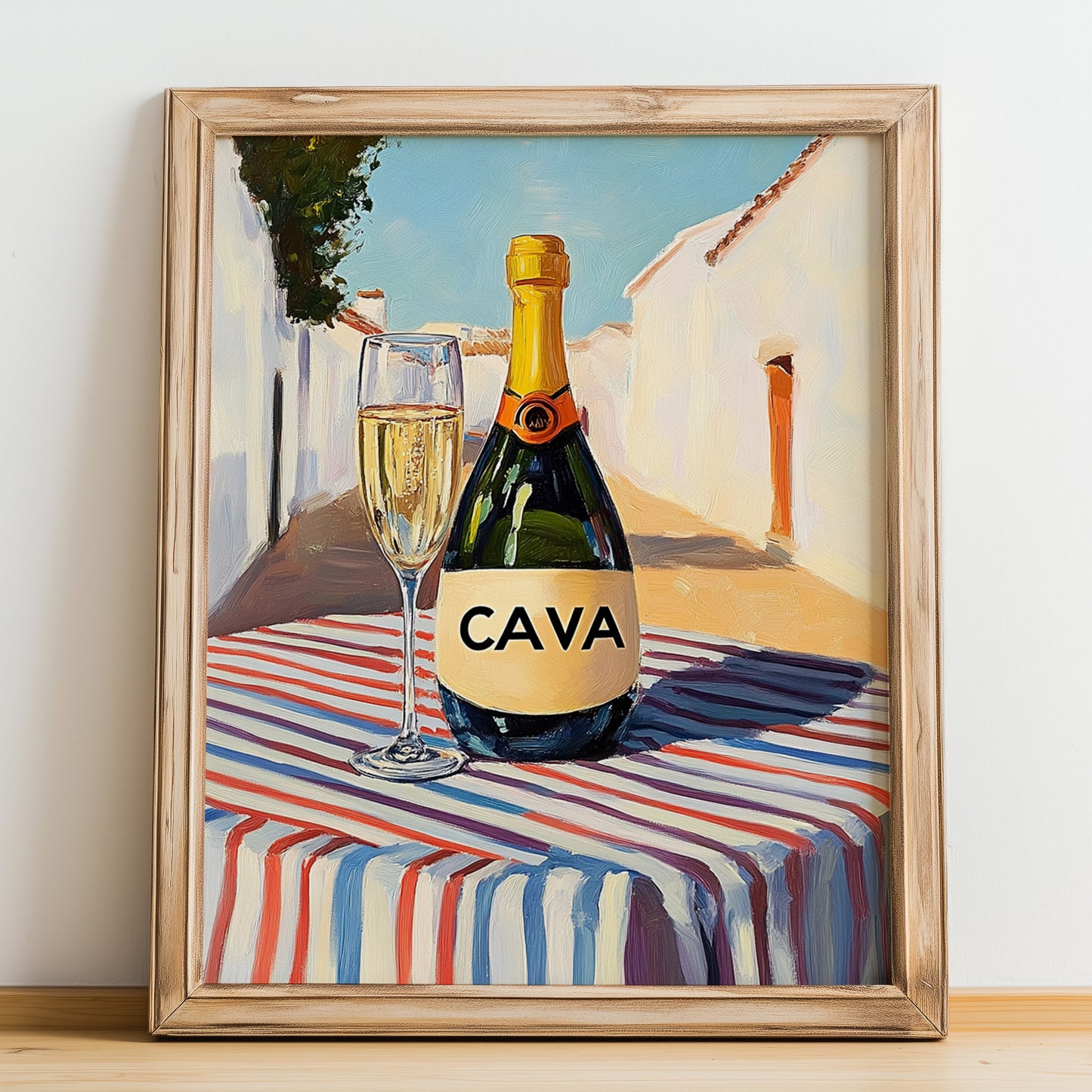 Cava – Spanish Urban Café Scene, Spanish Wine Print, no-text version framed in wood