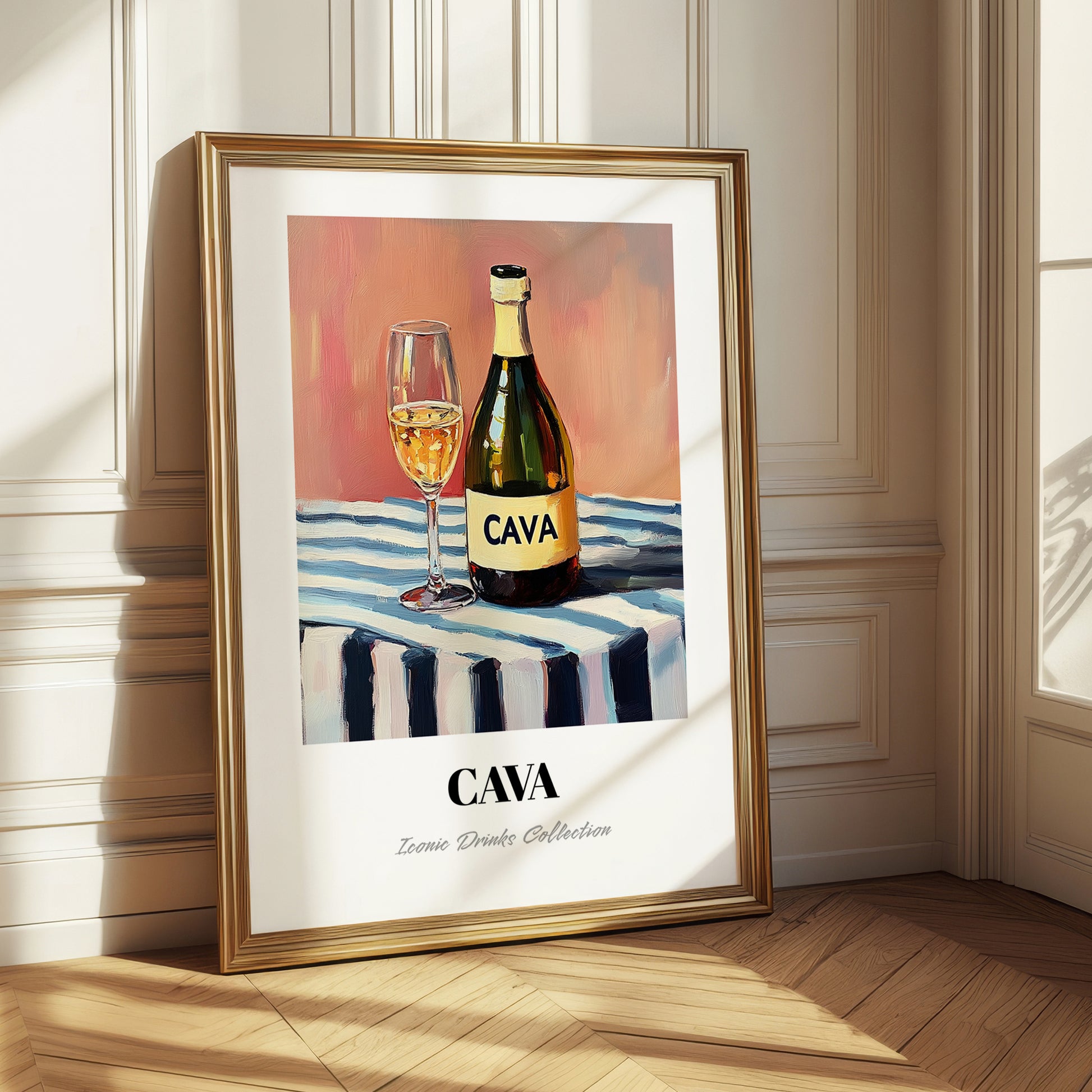 Cava – on Striped Tablecloth, Spanish Wine Wall Illustration