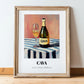 Cava – on Striped Tablecloth, Spanish Wine Wall Illustration, in wooden frame leaning on the floor