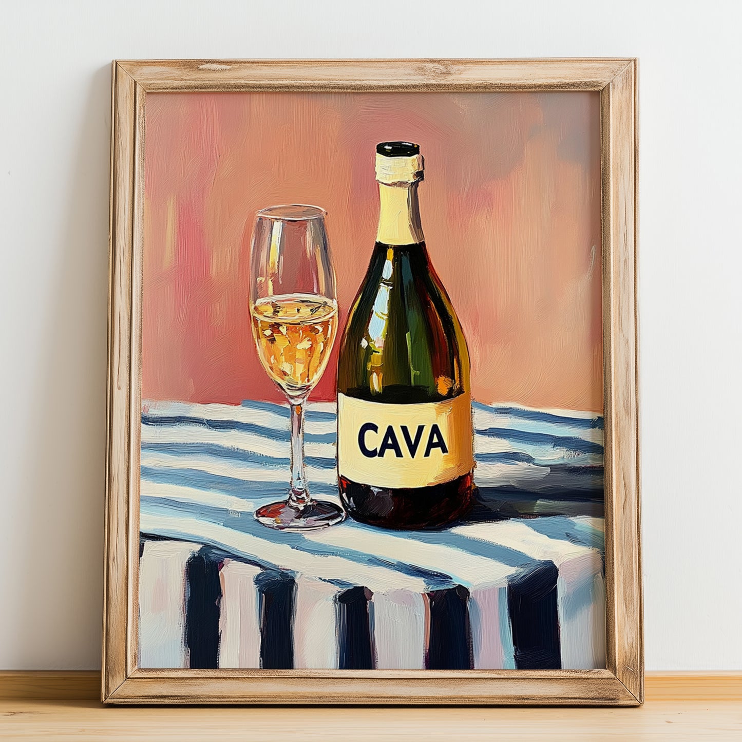 Cava – on Striped Tablecloth, Spanish Wine Wall Illustration, no-text version framed in wood