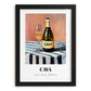 Cava – on Striped Tablecloth, Spanish Wine Wall Illustration, in sleek black frame