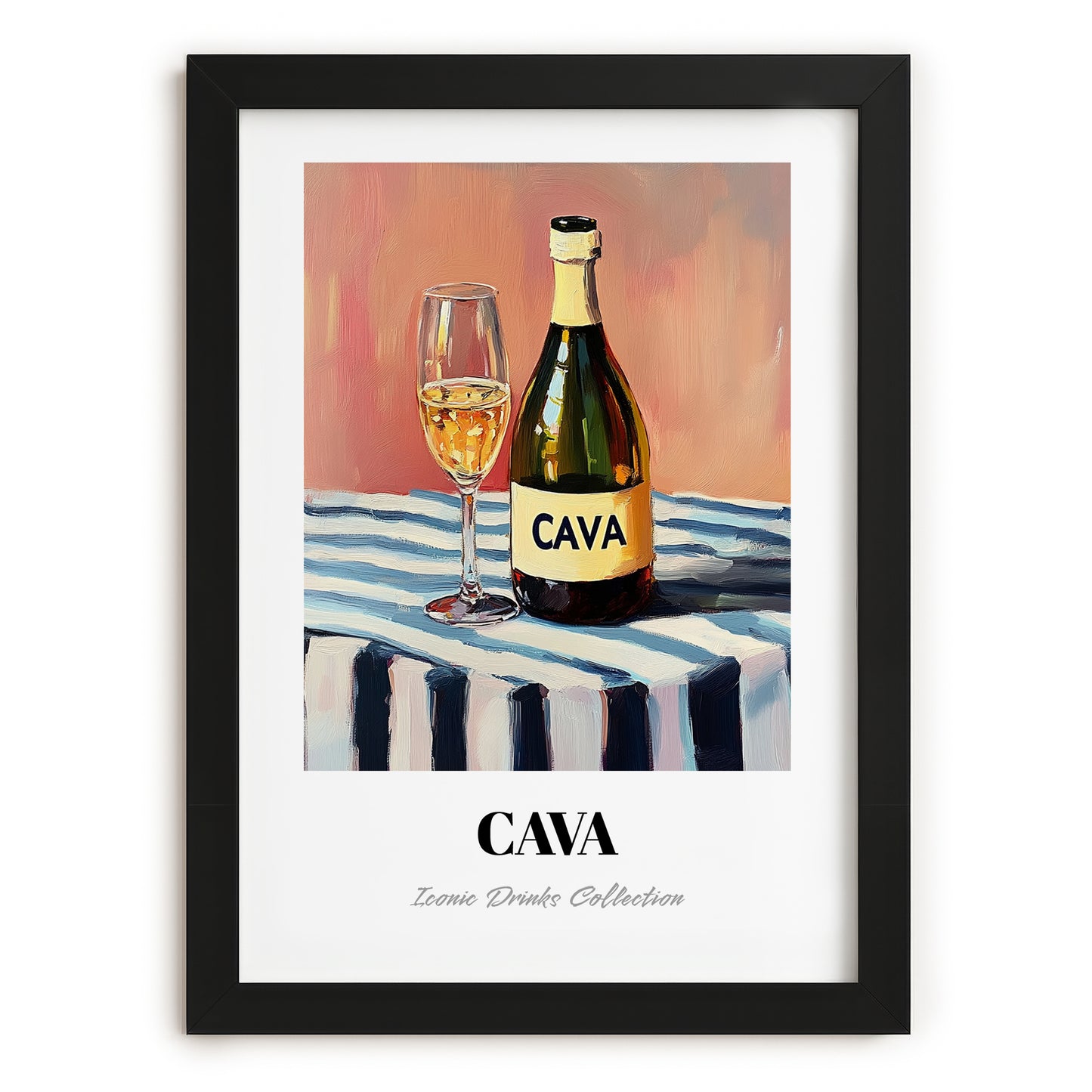 Cava – on Striped Tablecloth, Spanish Wine Wall Illustration, in sleek black frame