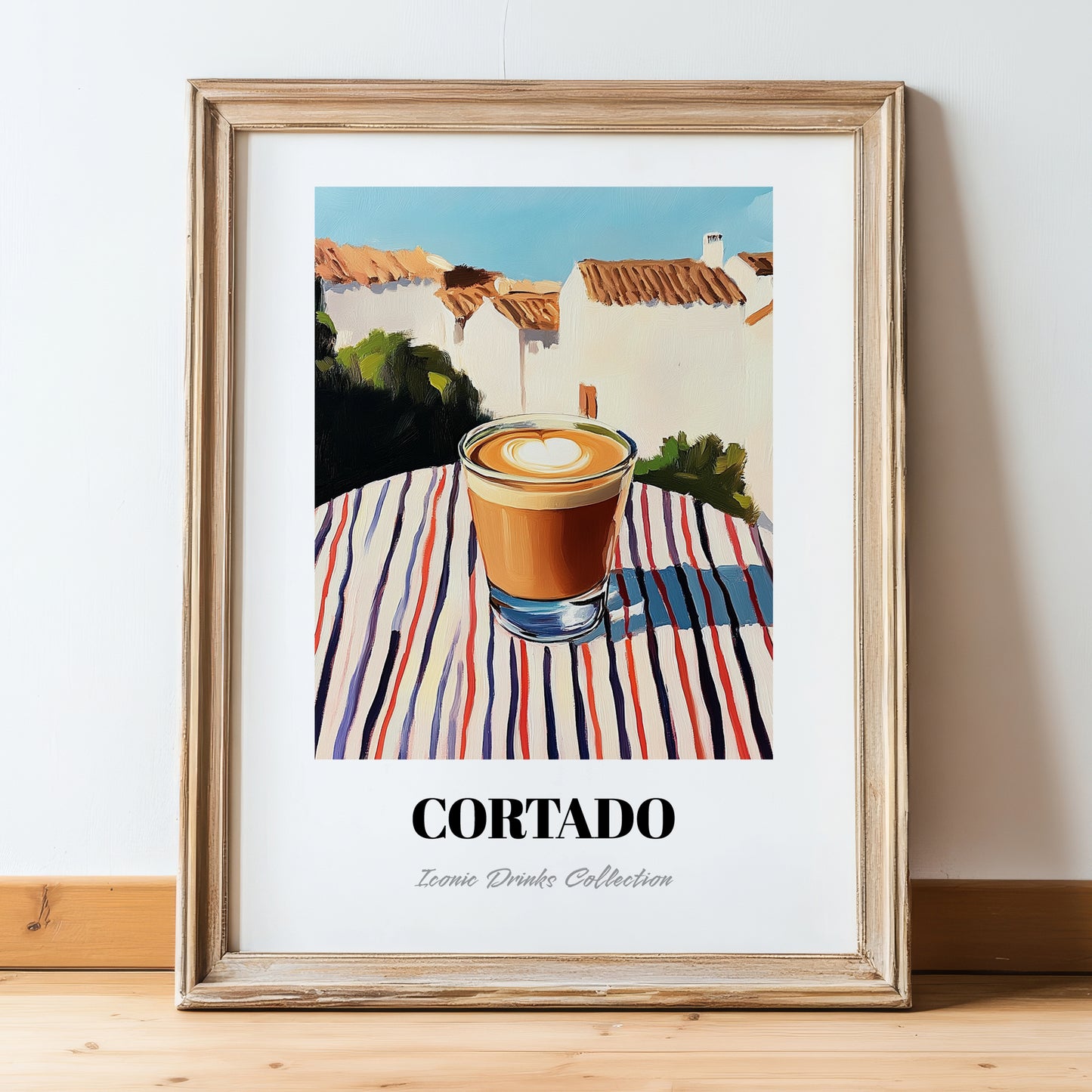 Cortado – Spanish Street Café Scene, Spanish Coffee Art, in wooden frame leaning on the floor
