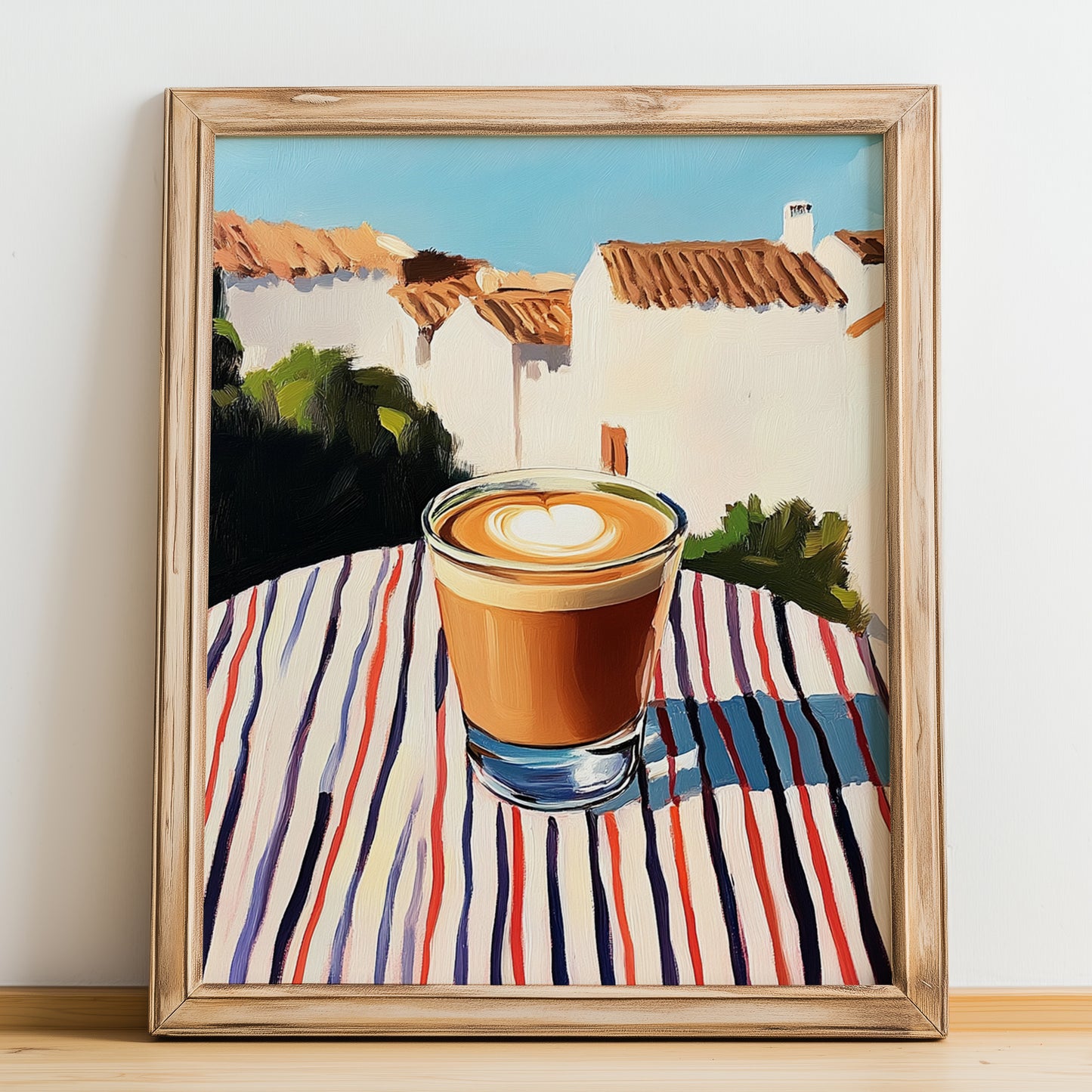 Cortado – Spanish Street Café Scene, Spanish Coffee Art, no-text version framed in wood