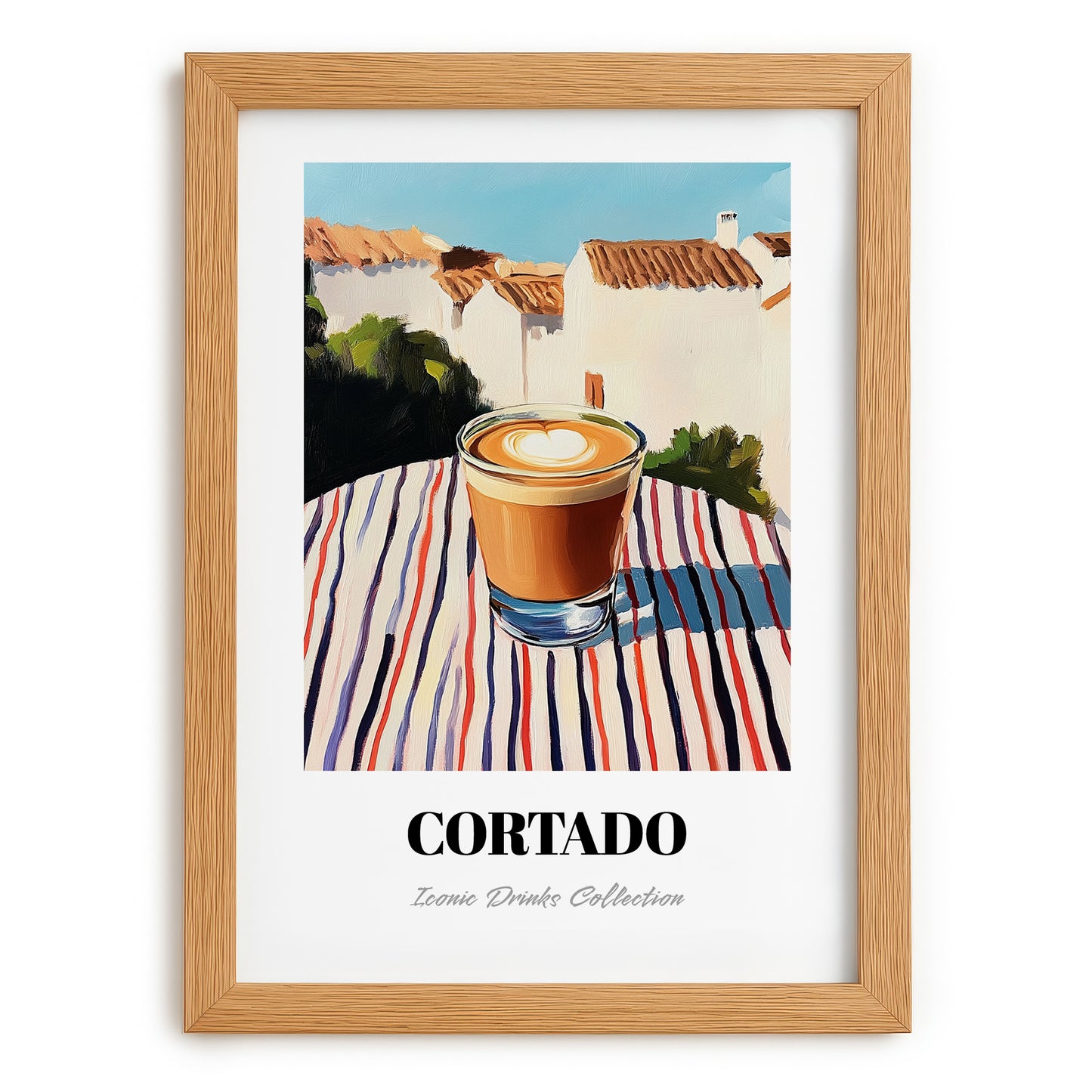 Cortado – Spanish Street Café Scene, Spanish Coffee Art, set in oak frame