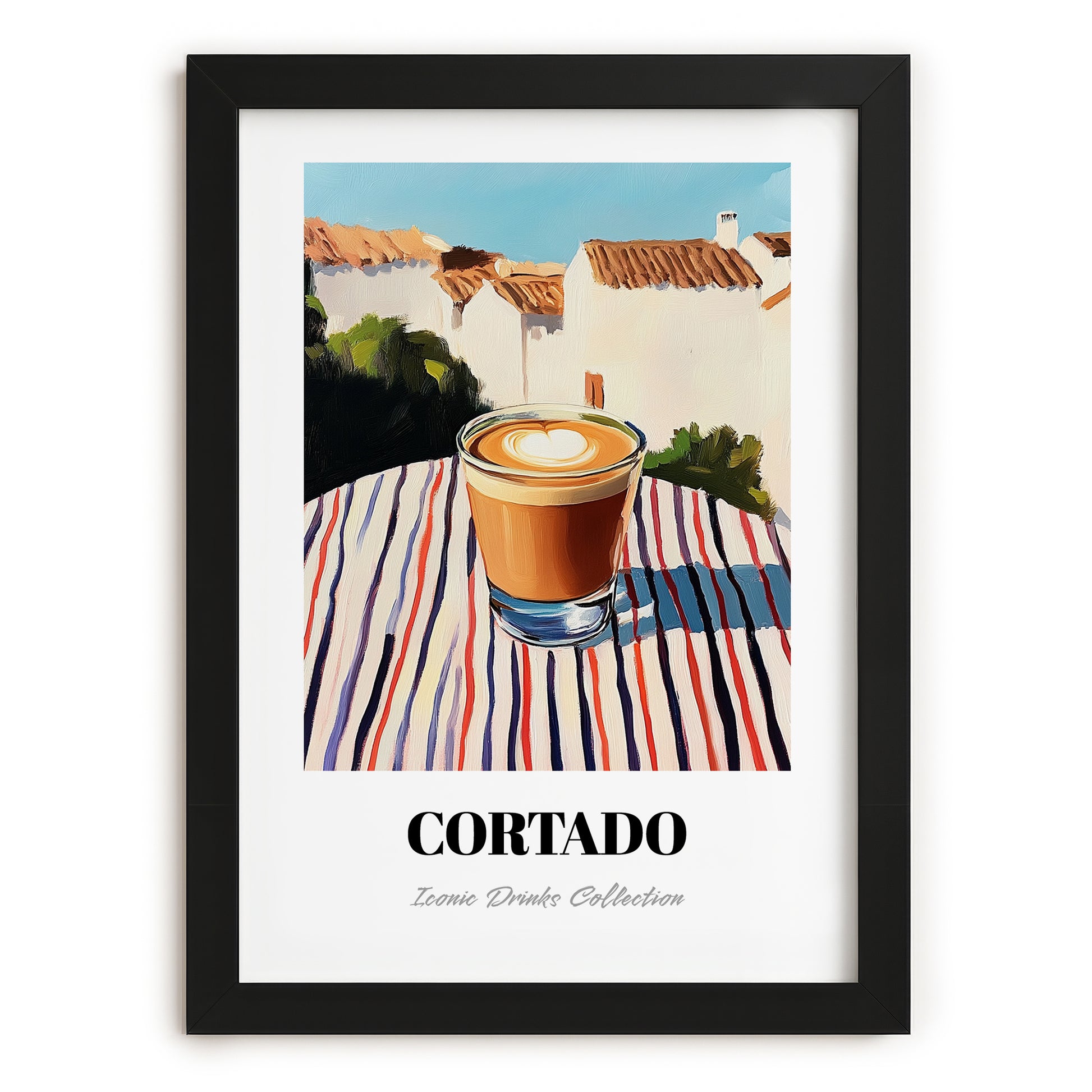 Cortado – Spanish Street Café Scene, Spanish Coffee Art, in sleek black frame