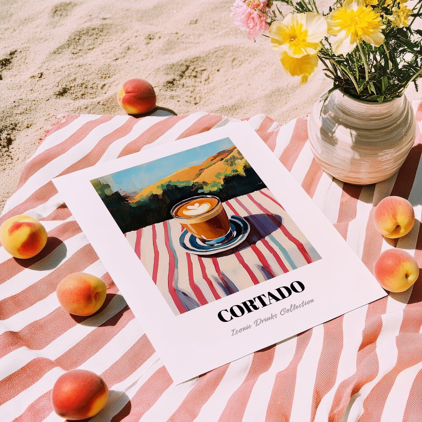 Cortado – Spanish Hilltop Table Scene, Spanish Coffee Wall Decor, unframed on coastal sand