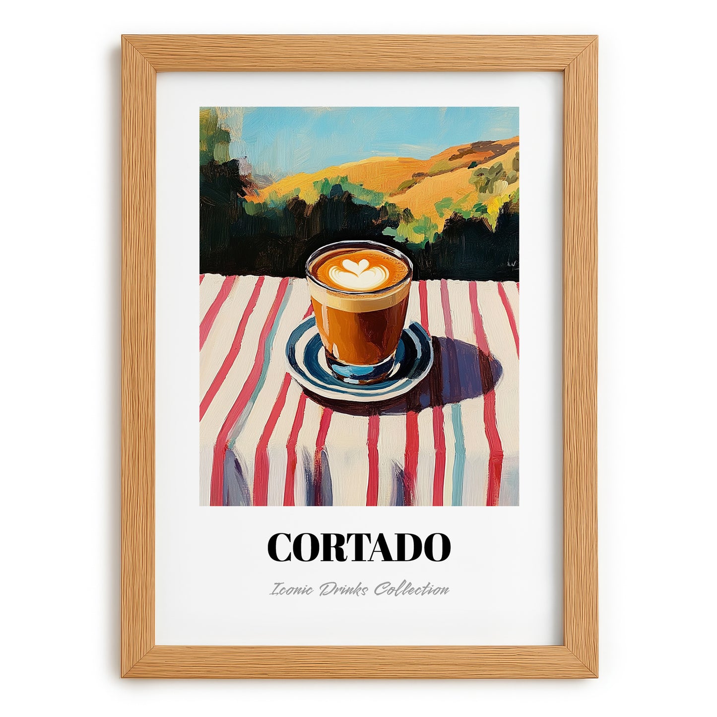 Cortado – Spanish Hilltop Table Scene, Spanish Coffee Wall Decor, set in oak frame