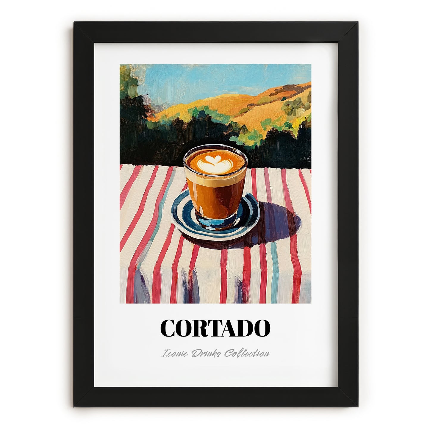 Cortado – Spanish Hilltop Table Scene, Spanish Coffee Wall Decor, in sleek black frame