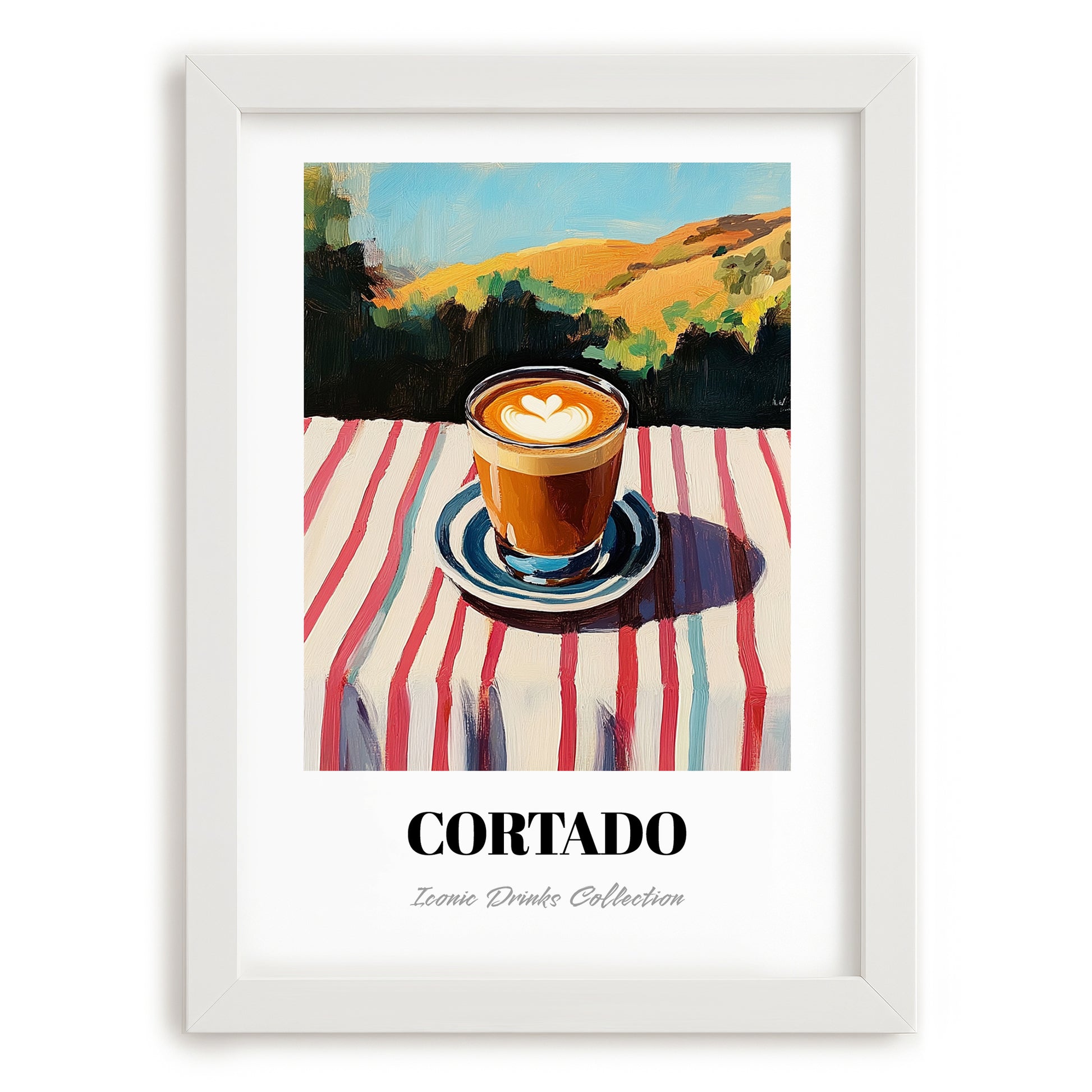 Cortado – Spanish Hilltop Table Scene, Spanish Coffee Wall Decor, placed in minimal white frame