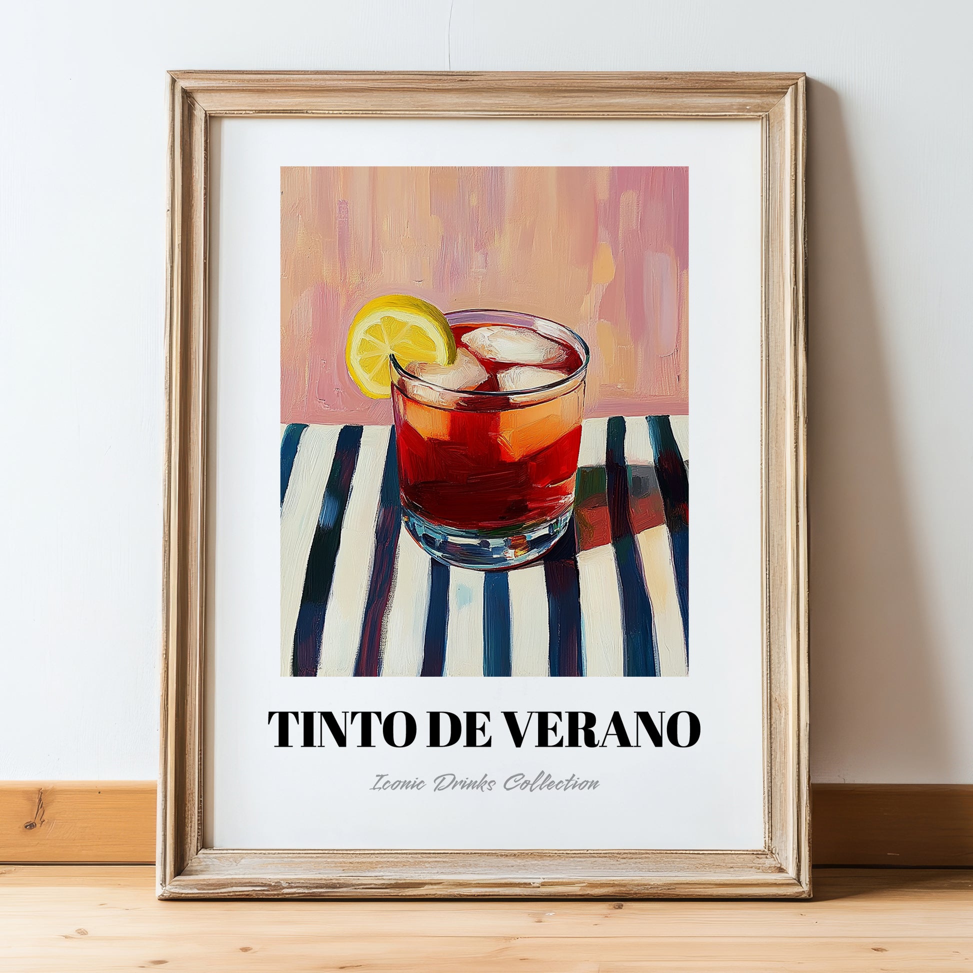 Tinto De Verano – on Striped Tablecloth, Spanish Cocktail Poster, in wooden frame leaning on the floor