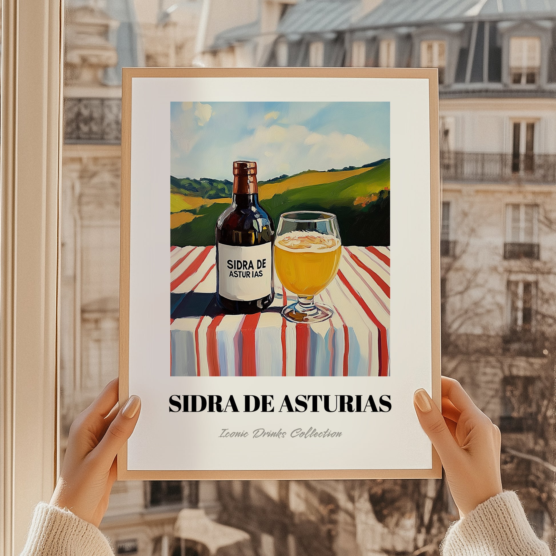 Sidra De Asturias – Spanish Hillside Café View, Spanish Beverage, styled in a charming Paris street view