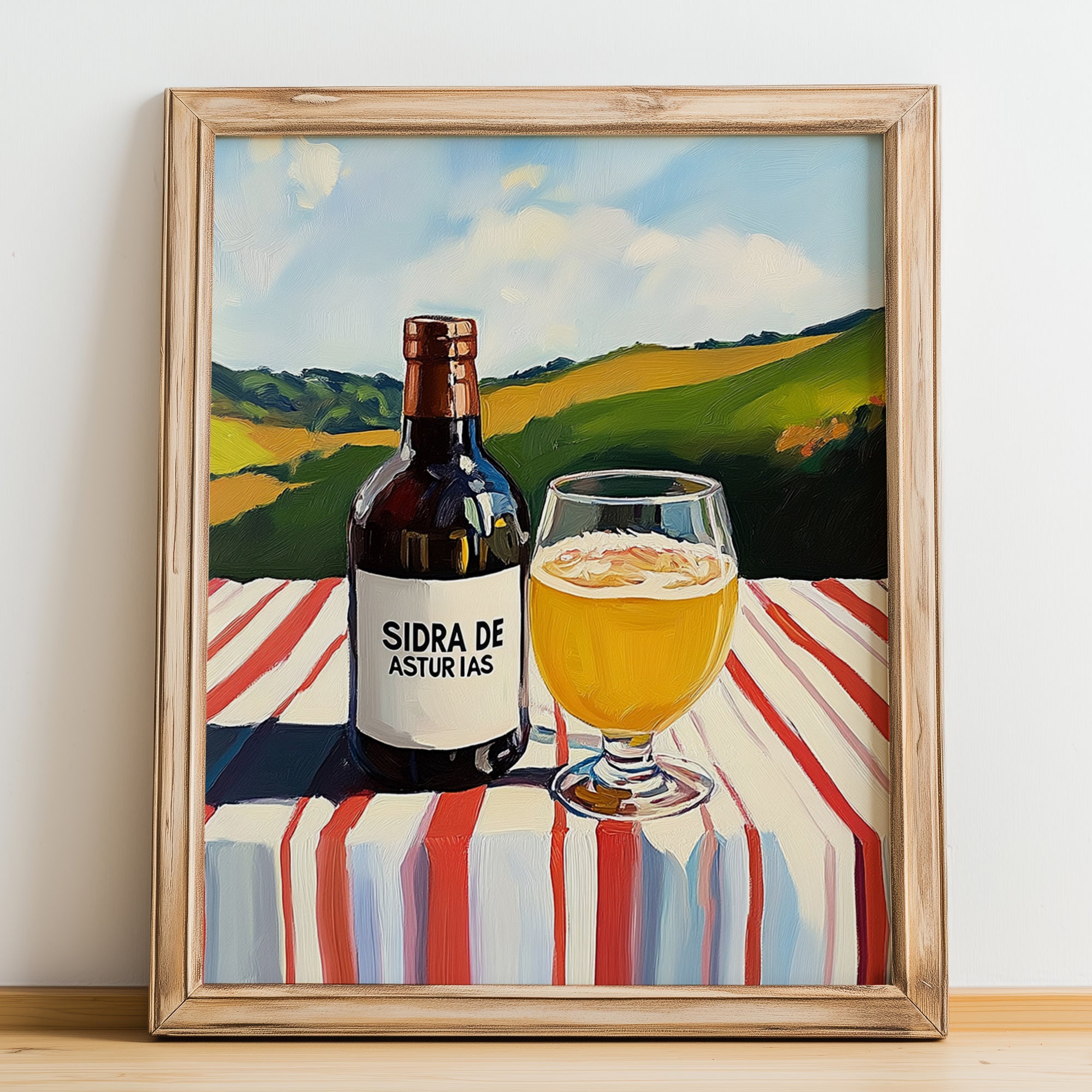 Sidra De Asturias – Spanish Hillside Café View, Spanish Beverage, no-text version framed in wood