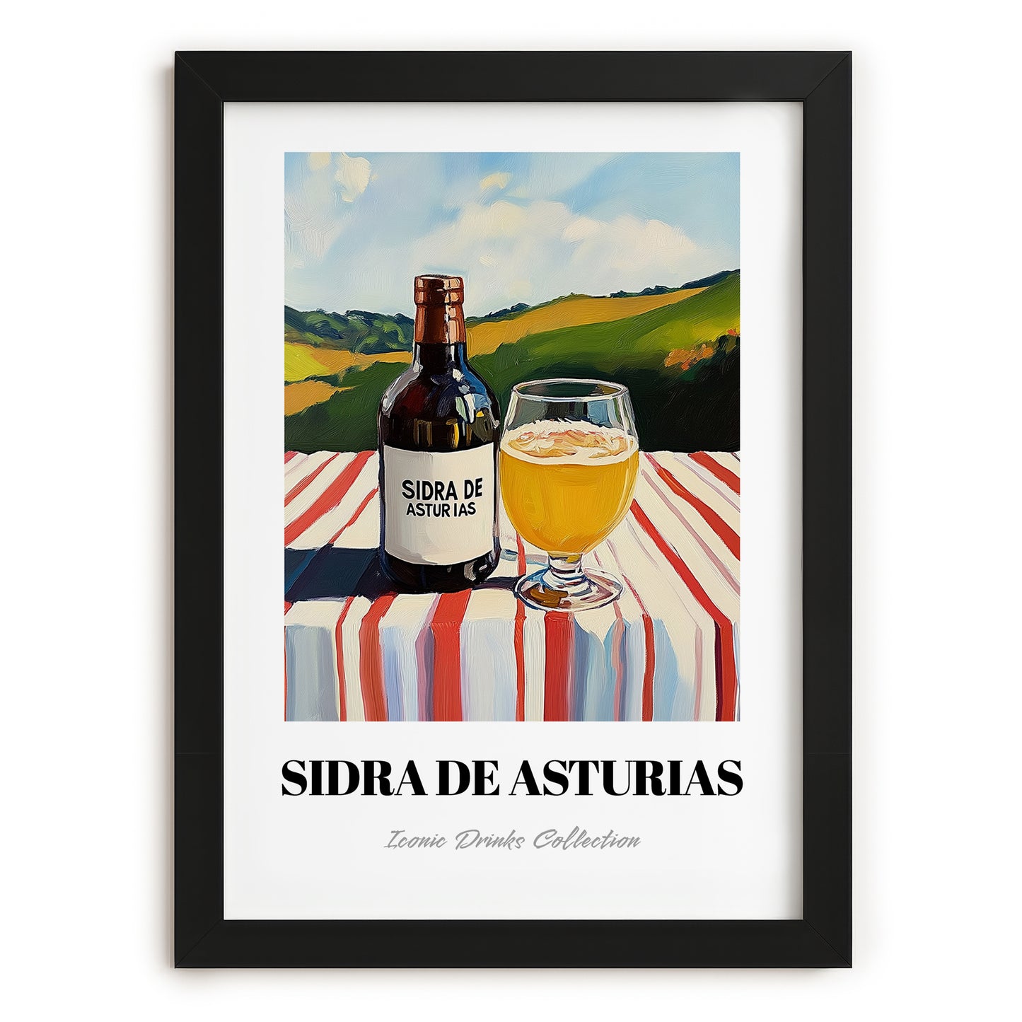 Sidra De Asturias – Spanish Hillside Café View, Spanish Beverage, in sleek black frame