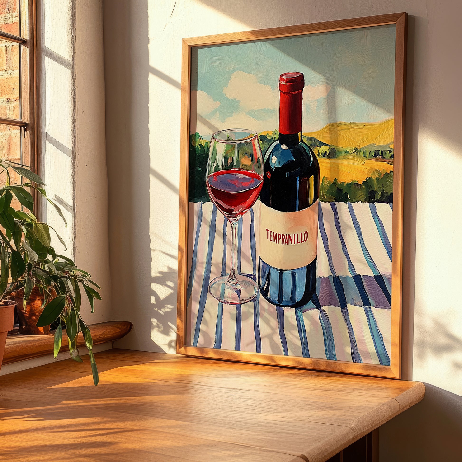 Tempranillo – Spanish Hillside Café View, Spanish Wine Wall Decor, clean layout with no caption