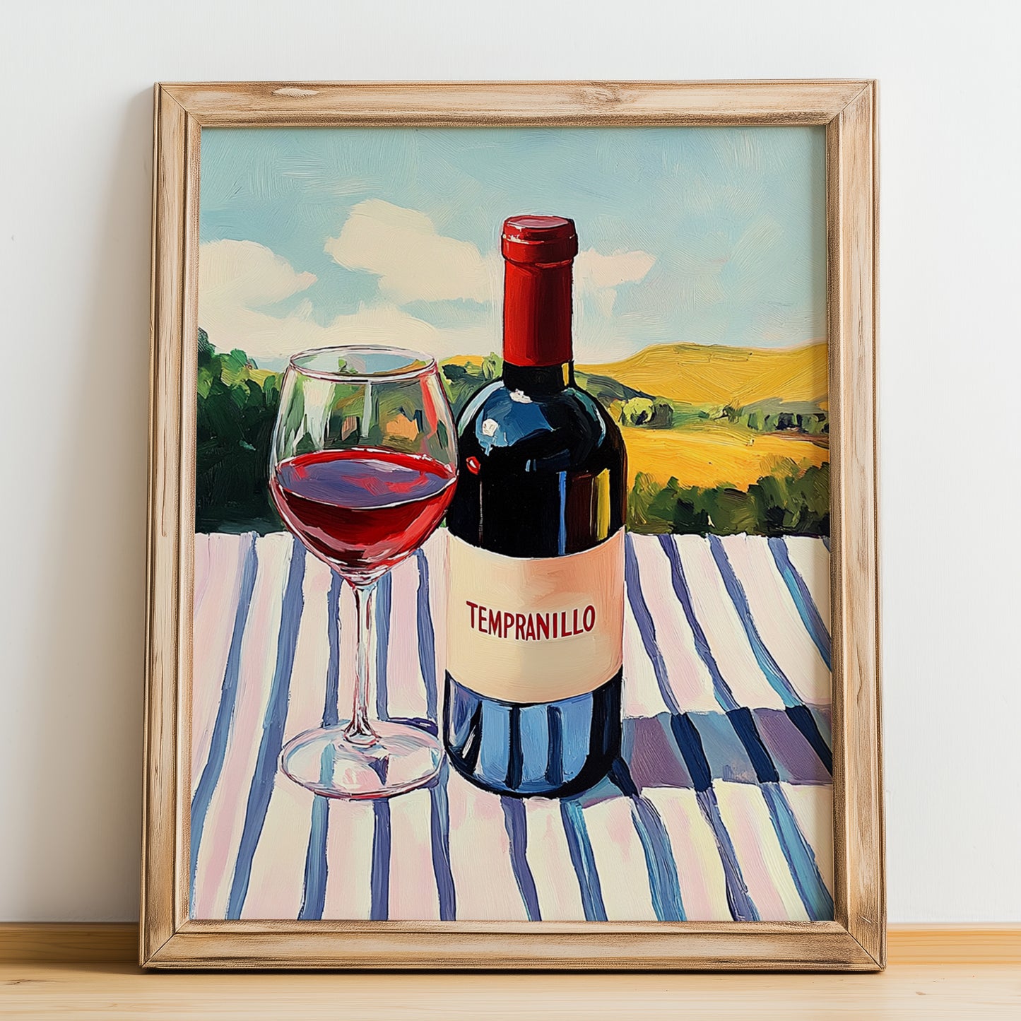 Tempranillo – Spanish Hillside Café View, Spanish Wine Wall Decor, no-text version framed in wood