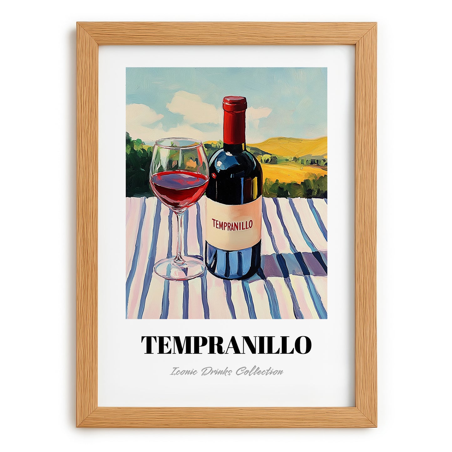 Tempranillo – Spanish Hillside Café View, Spanish Wine Wall Decor, set in oak frame
