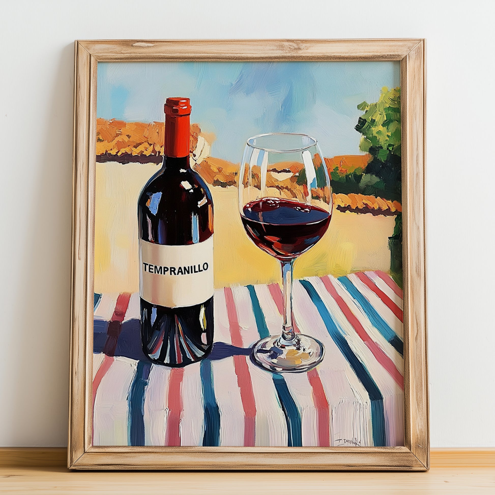 Tempranillo – Spanish Café on the Corner, Spanish Wine Painting, no-text version framed in wood