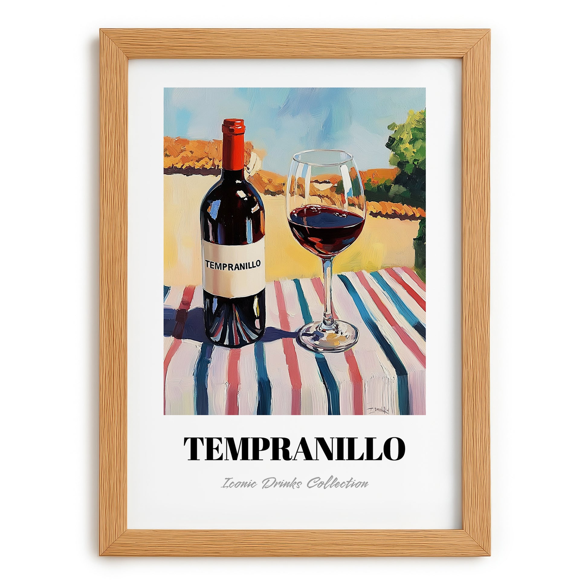 Tempranillo – Spanish Café on the Corner, Spanish Wine Painting, set in oak frame