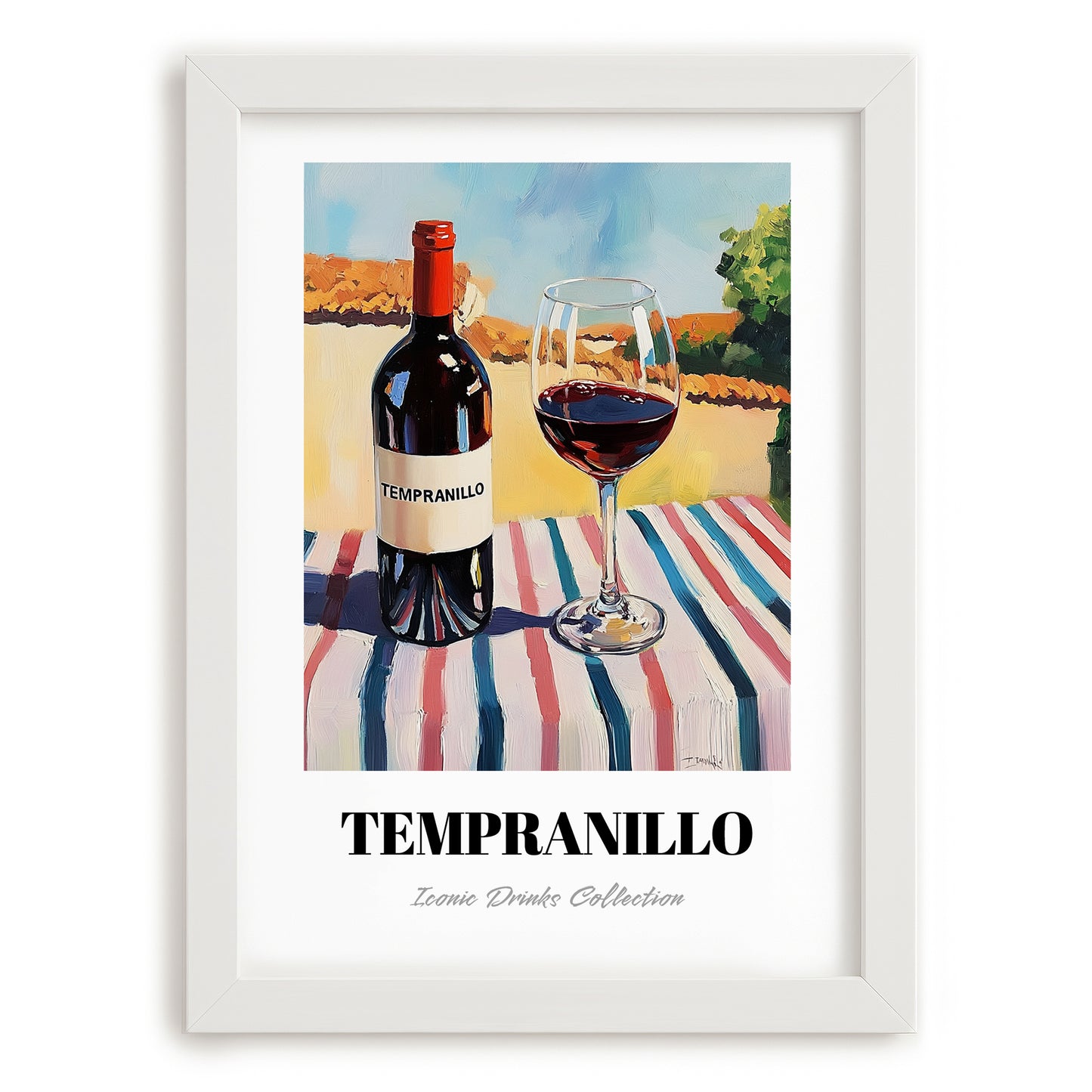 Tempranillo – Spanish Café on the Corner, Spanish Wine Painting, placed in minimal white frame