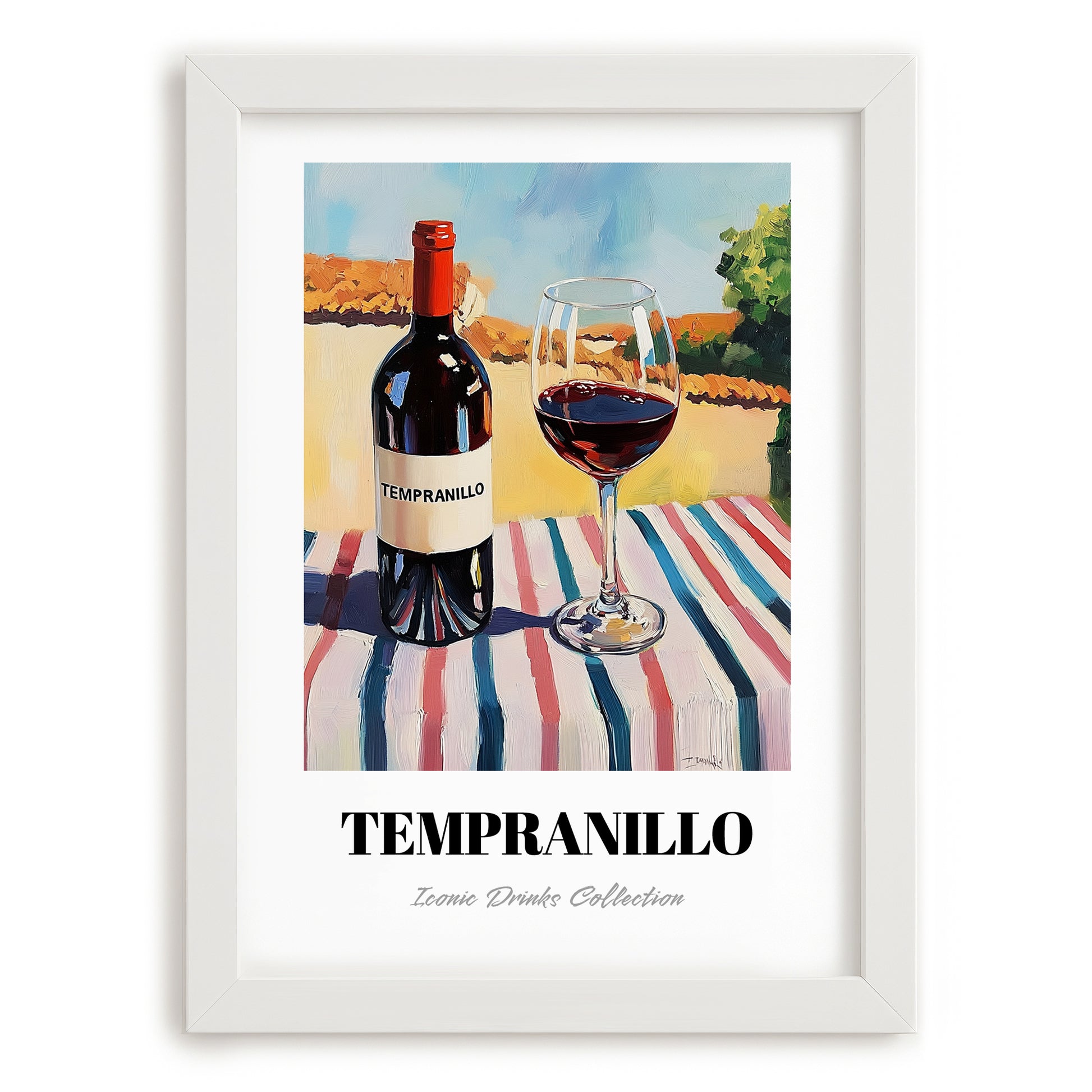 Tempranillo – Spanish Café on the Corner, Spanish Wine Painting, placed in minimal white frame