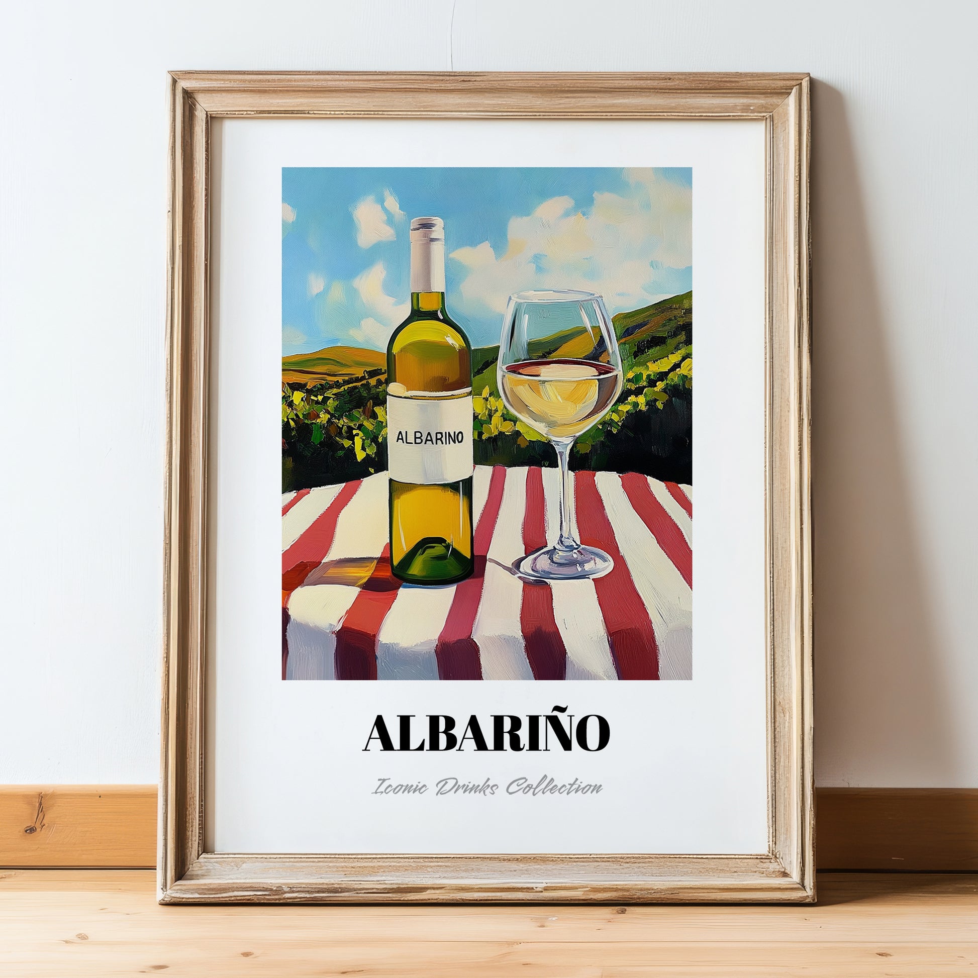 Albariño – Spanish Hilltop Table Scene, Spanish Wine Wall Art, in wooden frame leaning on the floor