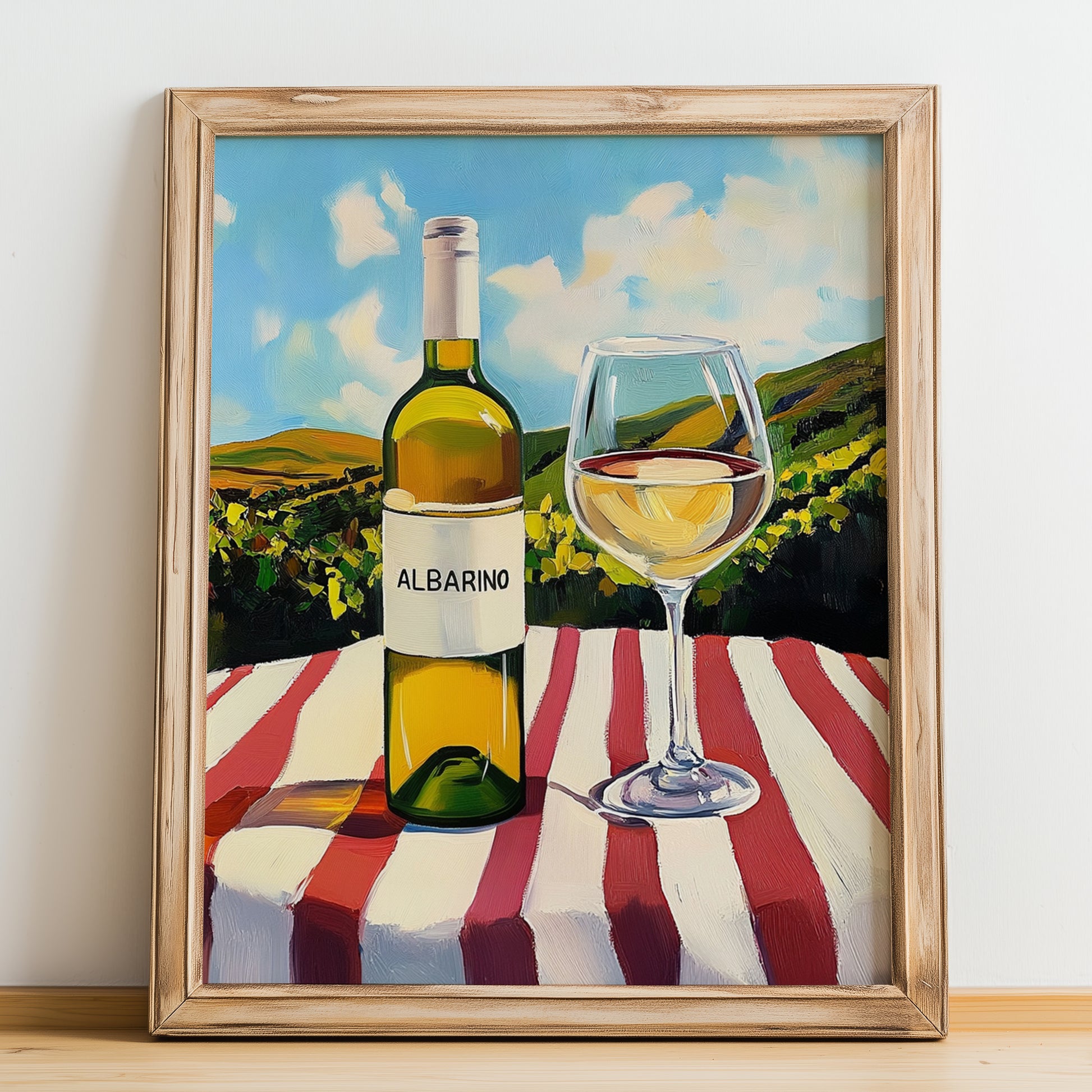 Albariño – Spanish Hilltop Table Scene, Spanish Wine Wall Art, no-text version framed in wood