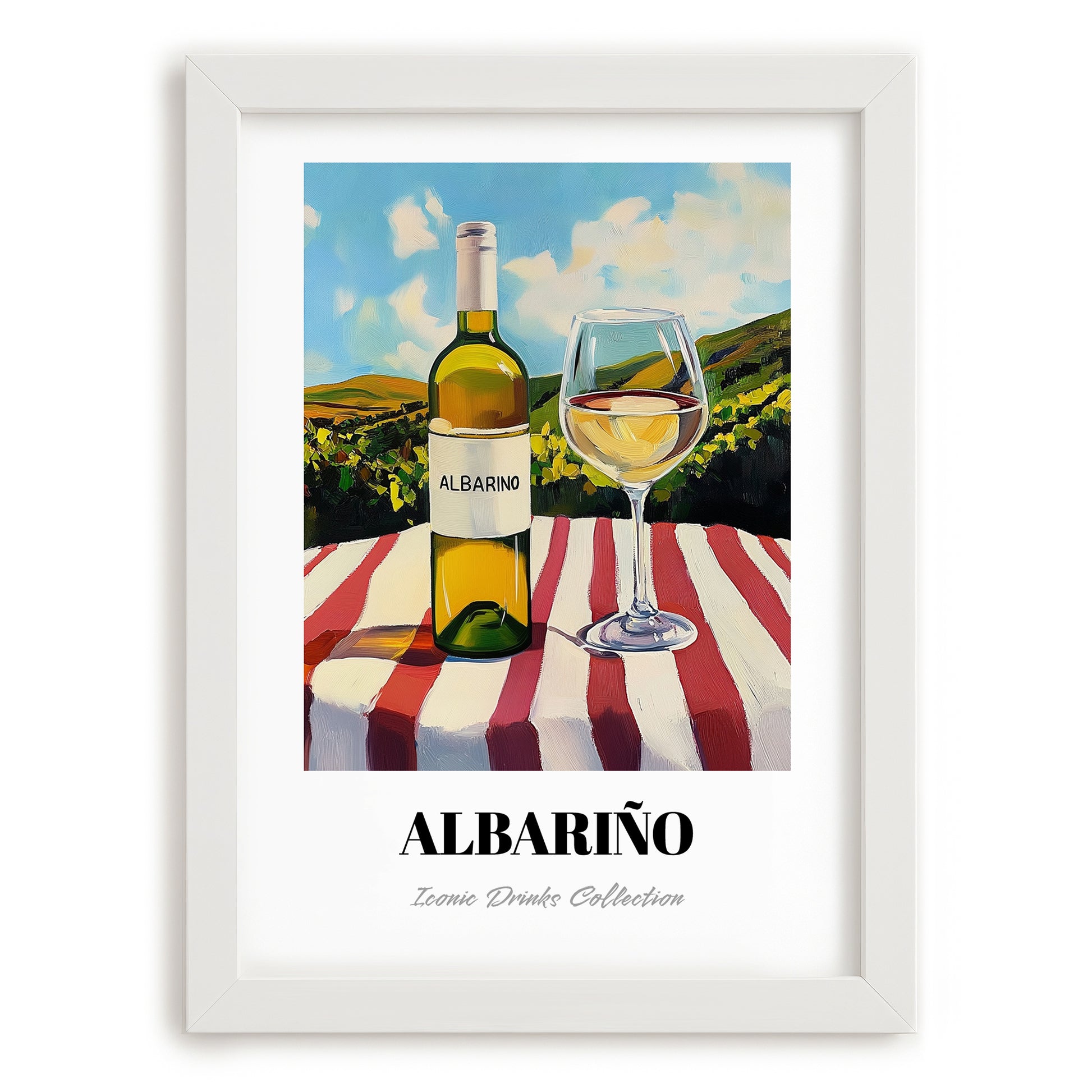 Albariño – Spanish Hilltop Table Scene, Spanish Wine Wall Art, placed in minimal white frame