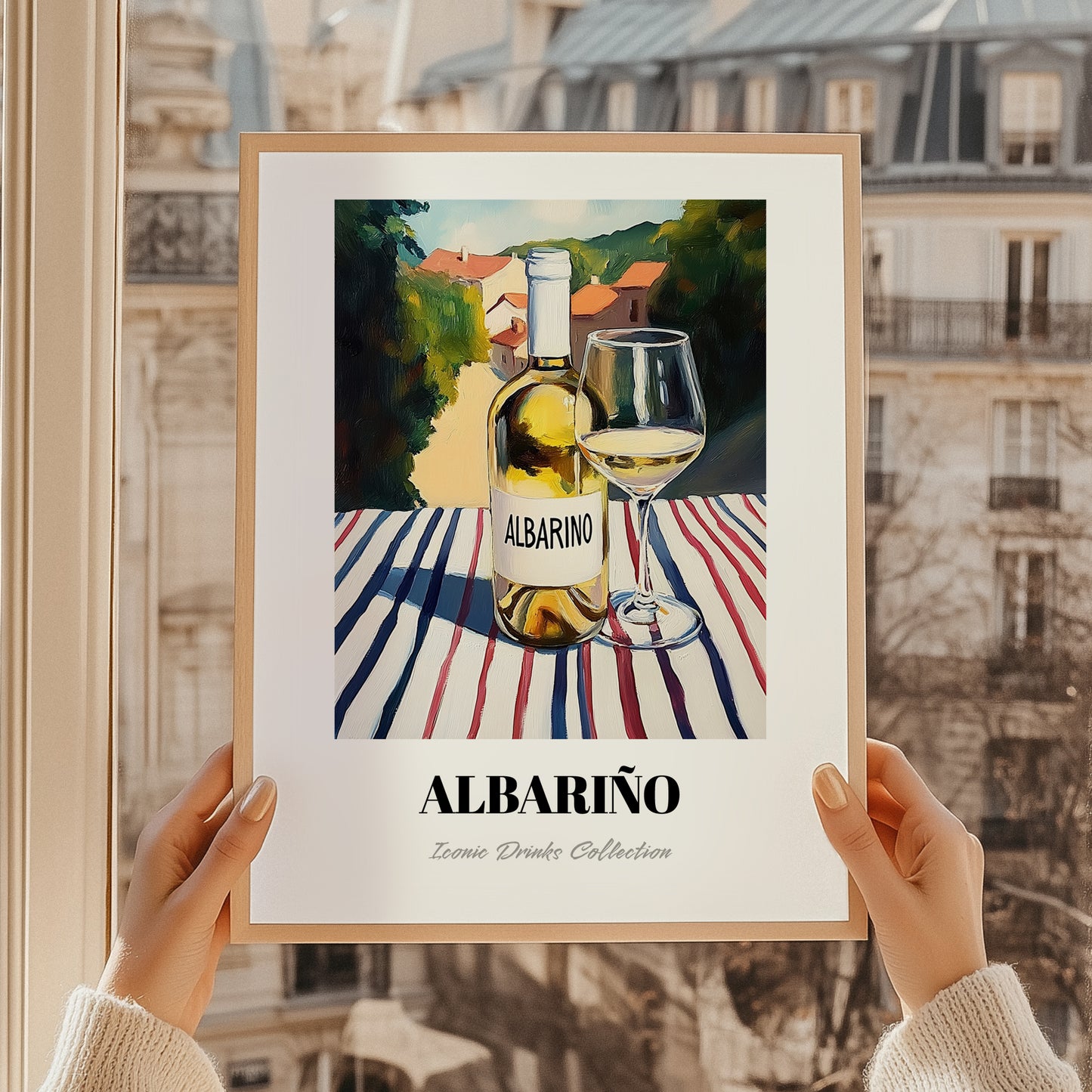Albariño – Spanish Hillside Café View, Spanish Wine Illustration, styled in a charming Paris street view