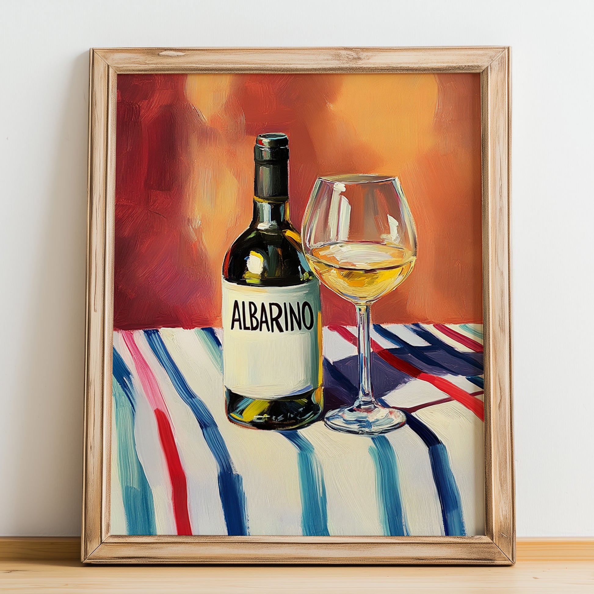 Albariño – on Striped Tablecloth, Spanish Wine Still Life, no-text version framed in wood
