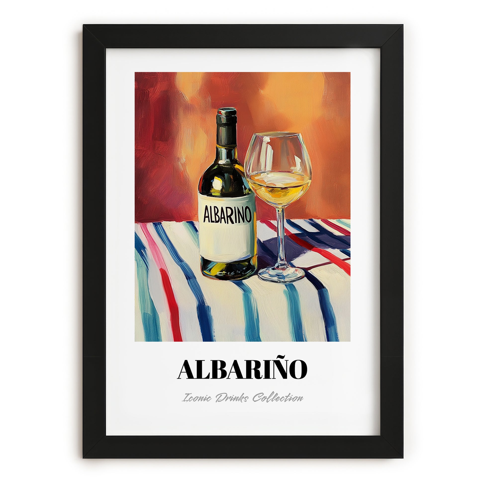 Albariño – on Striped Tablecloth, Spanish Wine Still Life, in sleek black frame