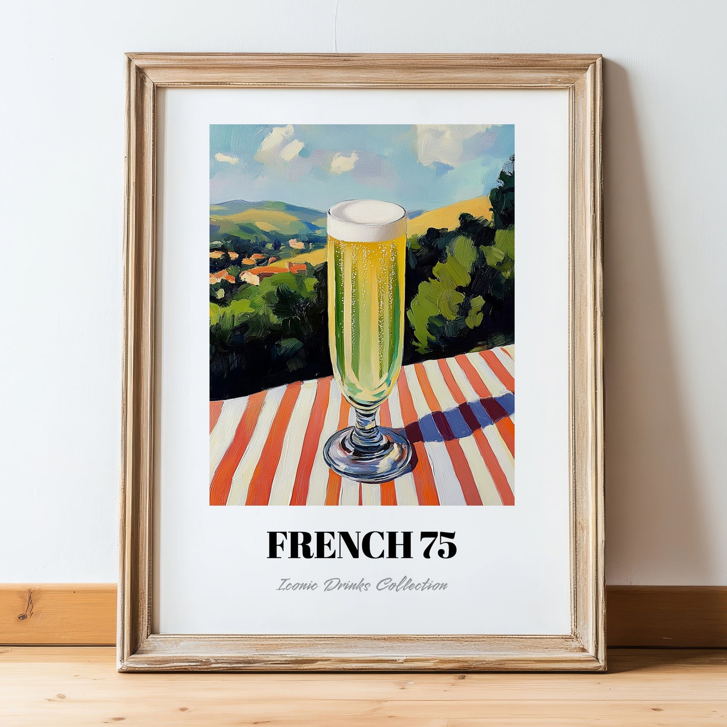 French 75 – French Hilltop Table Scene, French Cocktail Wall Decor, in wooden frame leaning on the floor