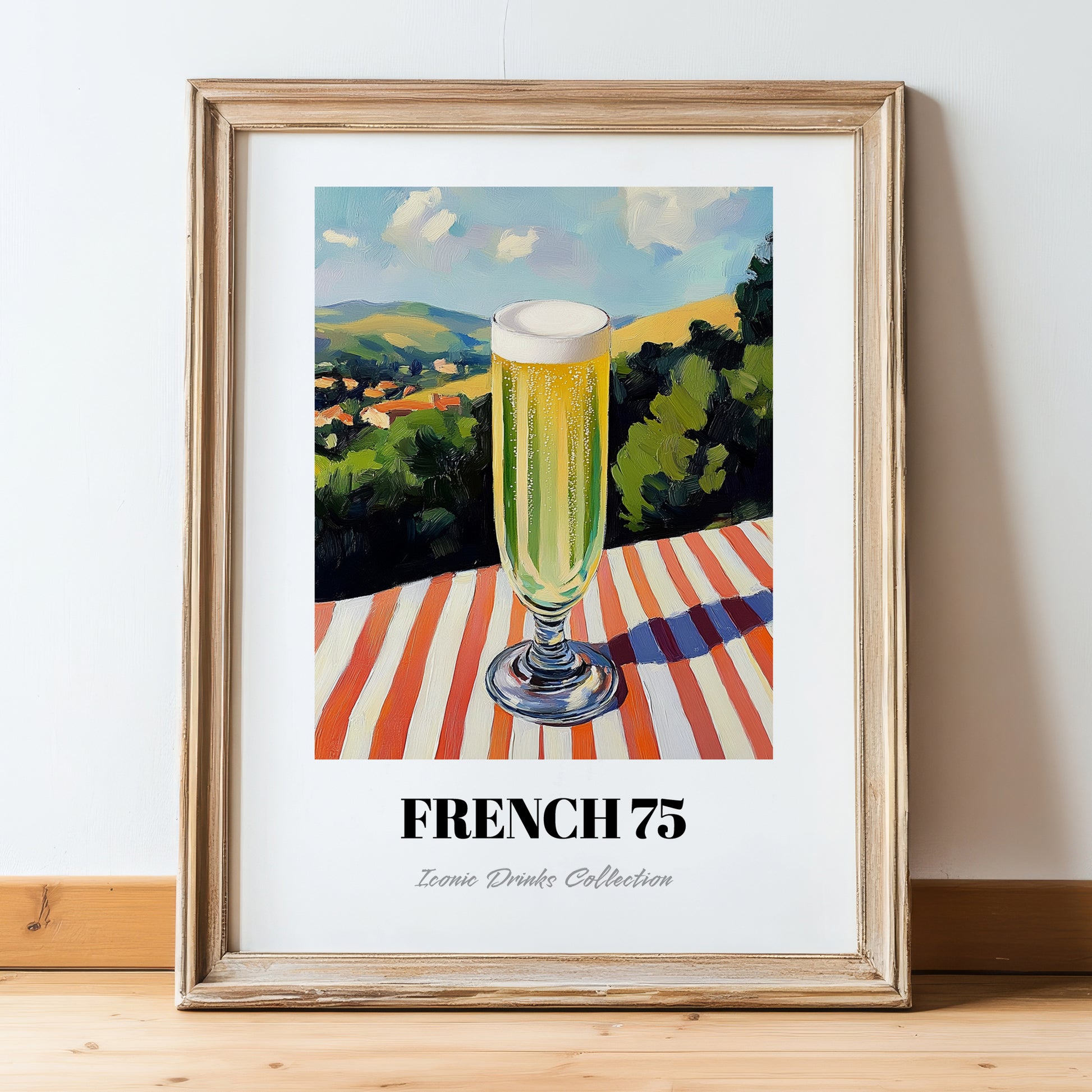 French 75 – French Hilltop Table Scene, French Cocktail Wall Decor, in wooden frame leaning on the floor