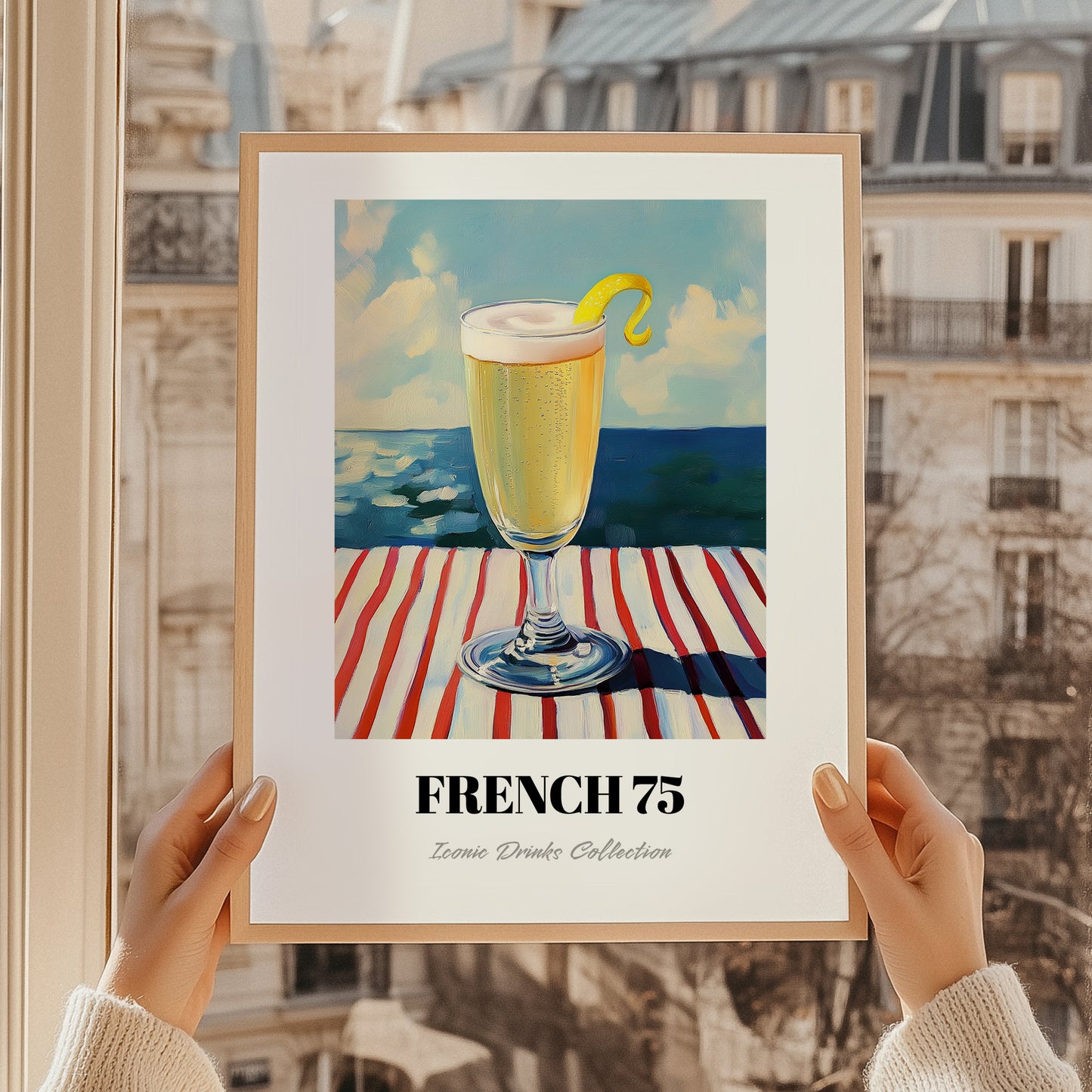 French 75 – French Seaside Scene, French Cocktail Wall Decor, styled in a charming Paris street view